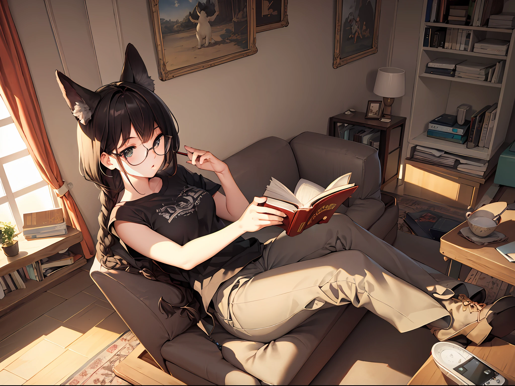 Masterpiece, best quality, super detailed, 1 girl, full-length photo, cute and beautiful adult cat girl, monstergirl, black hair gathered in one braid, detailed, big t-shirt, cargo pants, reading glasses, holding a book in her hands, ((empty and abandoned) living room) in the background