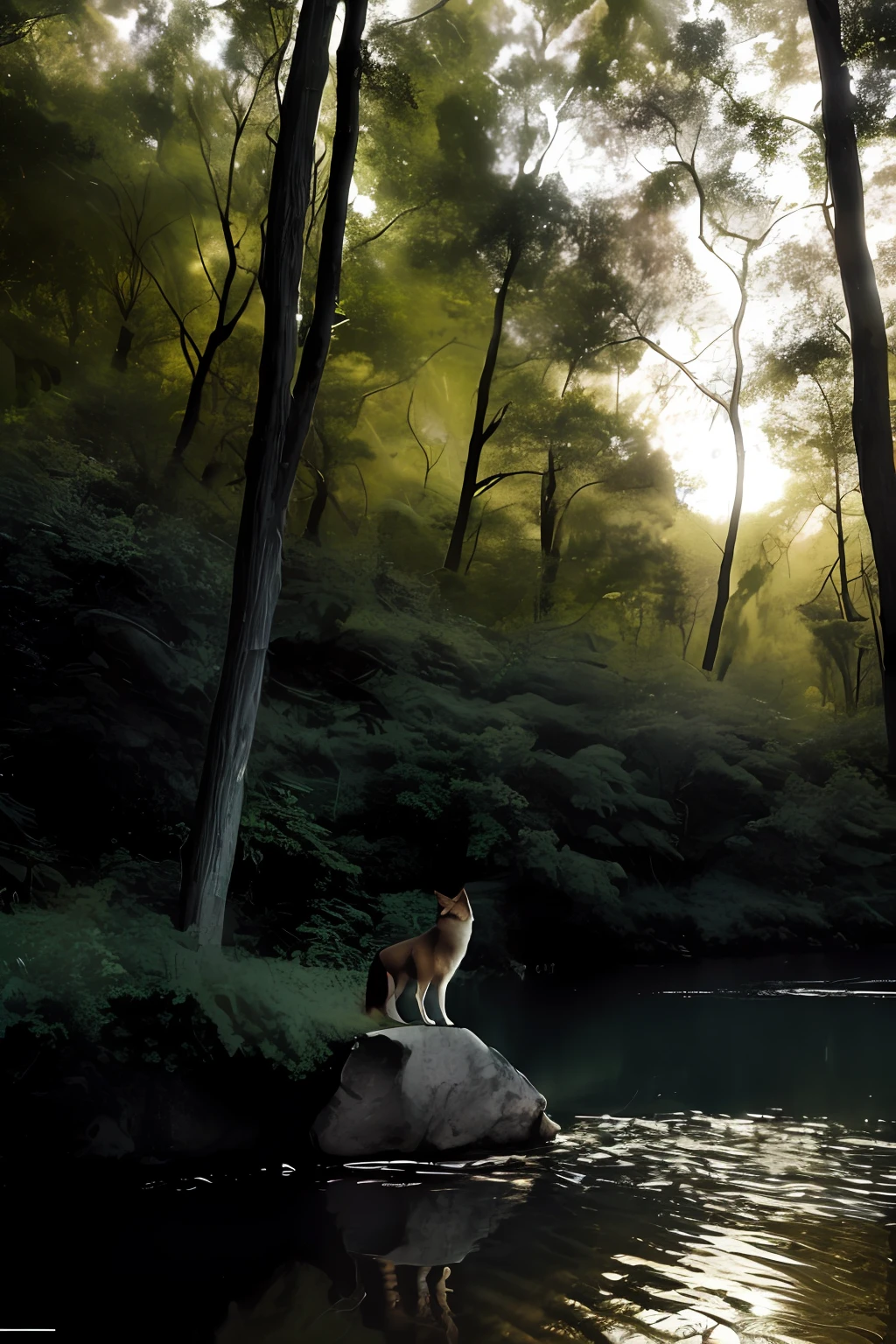 A fantastic image depicting a powerful and imposing red black wolf, its huge red eyes glowing in the dimly lit surroundings. The woman, dressed in an elegant black tailored suit, is standing in a lush forest, with a deep blue sky and a shallow pond nearby. A small, pointed sword, resembling a katana, is seen suspended in the background. A flock of birds flutters nearby, their wings raised in triumph. wide aperture, slow shutter speed, high contrast