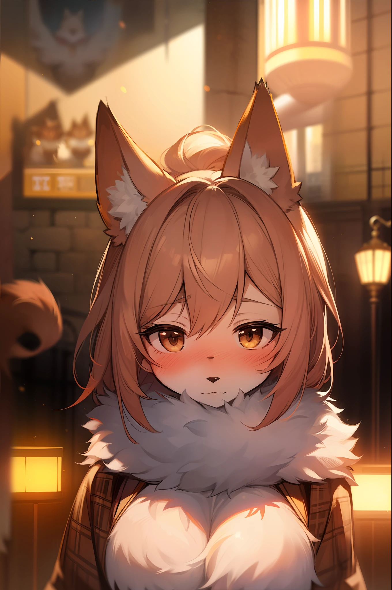 (furry:1.2), fox, focus on face, blush, beautiful lights and shadows