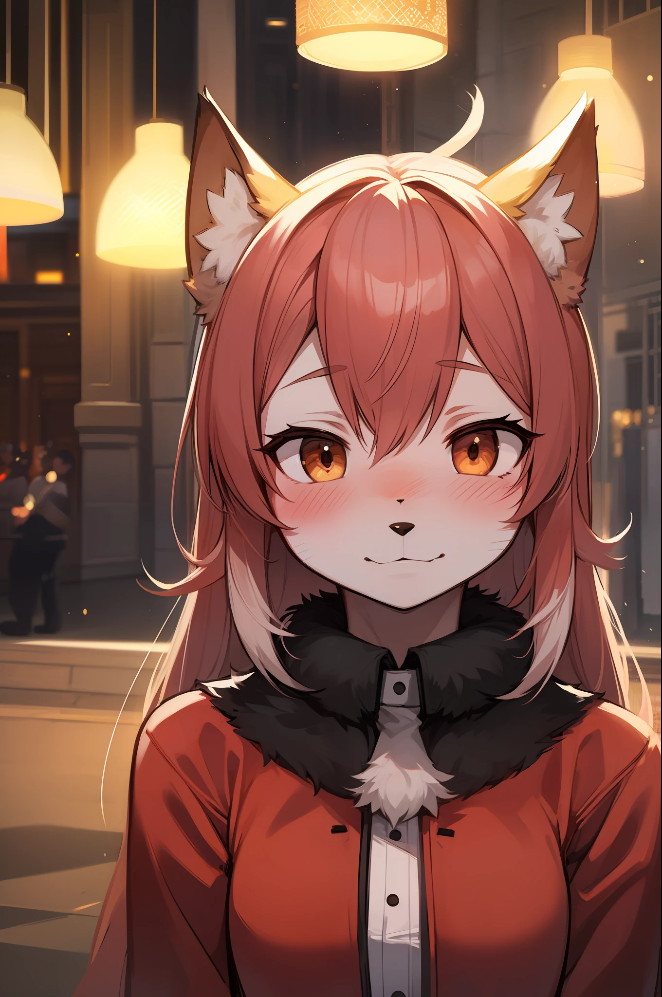 (furry:1.2), fox, focus on face, blush, beautiful lights and shadows