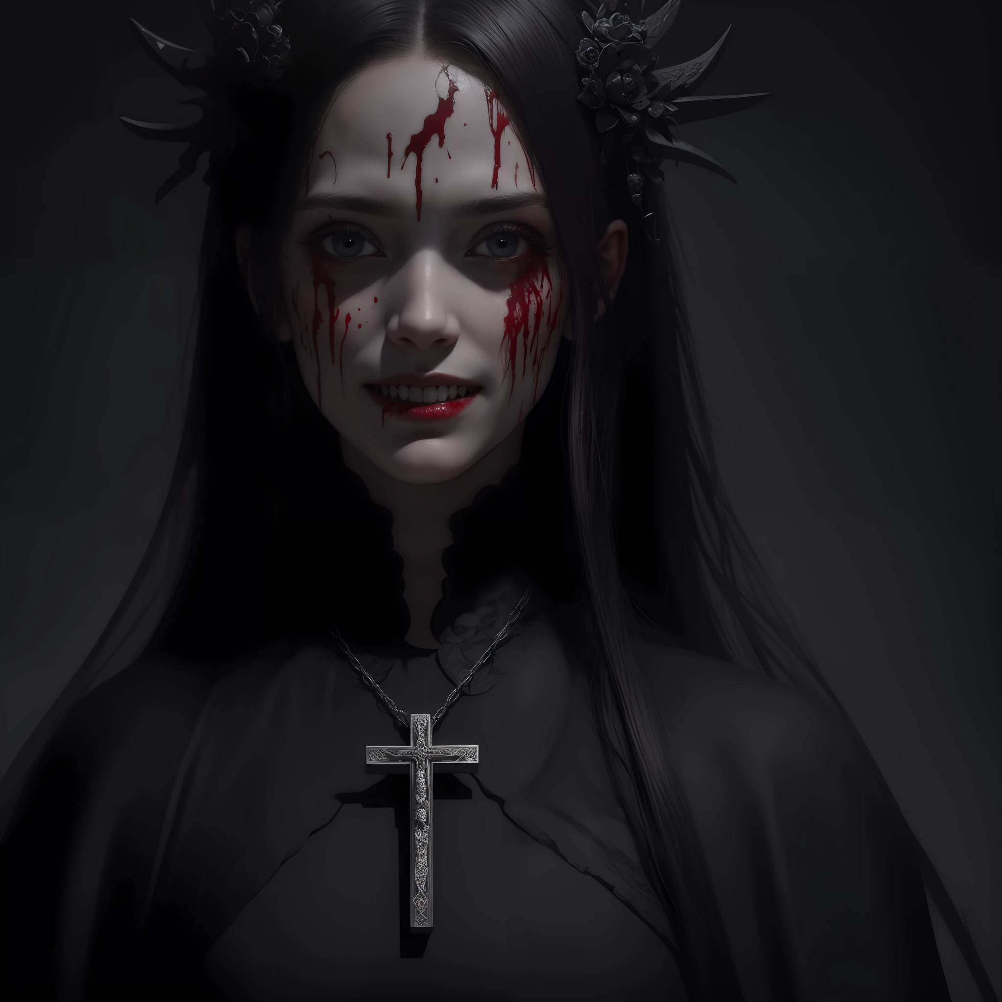 masterpiece, best quality, high quality, extremely detailed CG 8k wallpaper unit, portrait of a pagan goddess, antichrist, inverted cross on forehead, apocalyptic, saint, award-winning photography, photorealistic, extremely detailed, trend in artstation, trend in CGsociety, intricate, high detail, dramatic, art through the journey, blood on the face, evil smile, horror art, dread completely black eyes (black eyes)