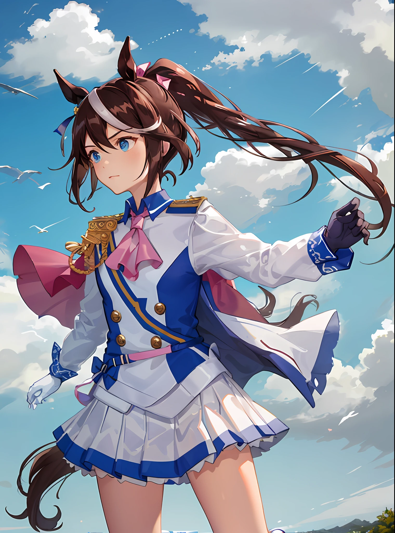 ((masterpiece, best quality)),1girl,Tokai Teio,Tokai Teio(Racing clothes),horse ears,horse girl,brown hair,long hair,high ponytail,streaked_hair,multicolored_hair,blue eyes,epaulettes,pink_ascot,skirt,long_sleeves,asymmetrical gloves,white_jacket,hair_ribbon,multicolored_clothes,white_footwear,knee_boots ,running, looking to the side,