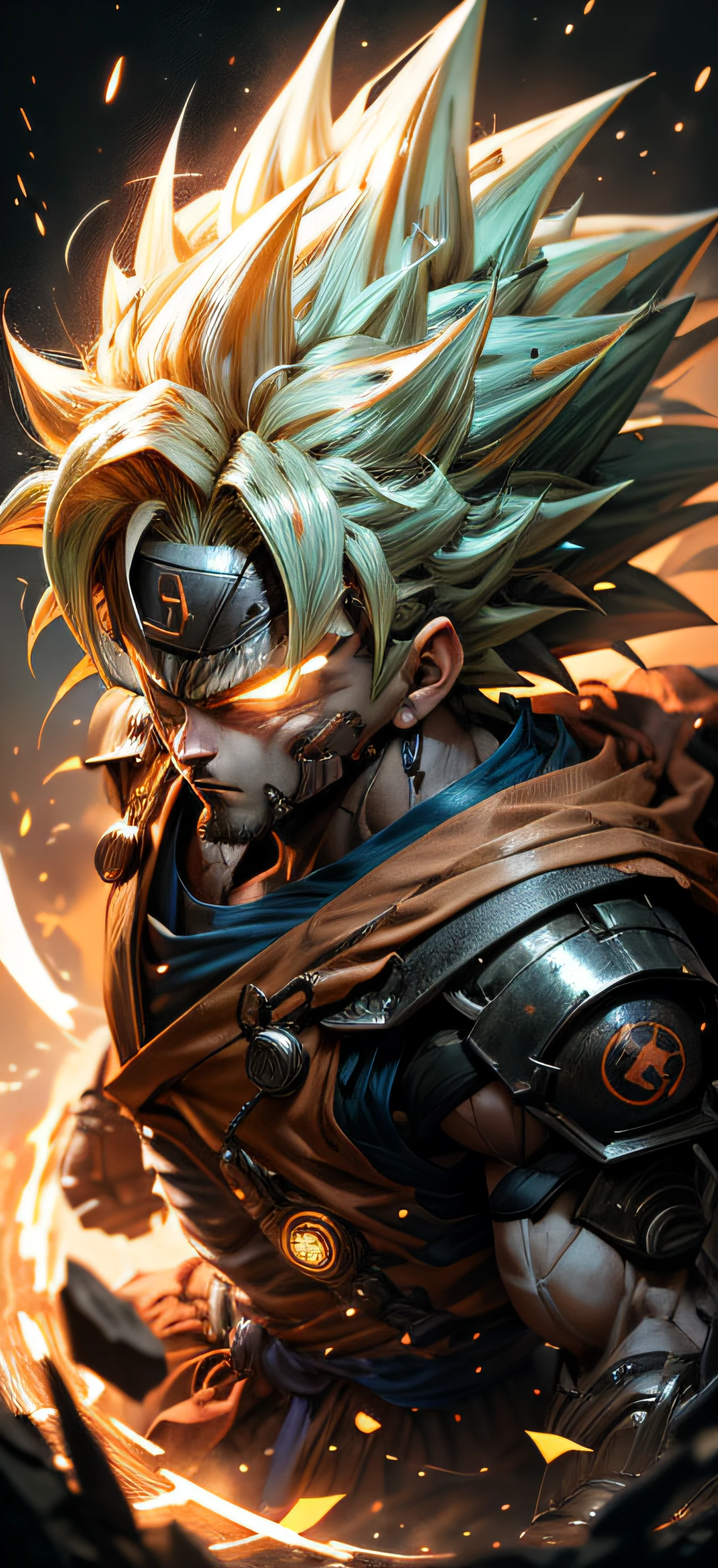 Dragon Ball Goku is an anime character, Badass Anime 8K, Dragon Ball Artstyle, Super Saiyan Blue, Portrait of Goku, Human Goku, Portrait of Goku, 4K anime style, Very detailed portrait of Goku, Dragon Ball style, 4K manga wallpaper, High quality anime art style, Anime style character, Son Goku,  Advanced digital anime art "realistic, bright, reflective, bioluminous, galactic cybernetic mask, mecha, (executioner: 1.2), layer, sh4g0d, GlowingRunes_red, full body, cinematic, dark background, backlight, high contrast,