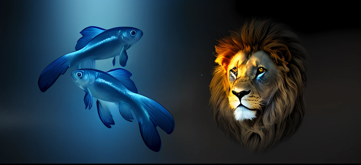 there are two fish and a lion in the dark, pisces, the stars are fish in the depths, king of the sea, hd wallpaper, high-quality wallpaper, digital art animal photo, with a blue background, lions, wallpaper hd, high quality wallpaper, wallpaper - 1 0 2 4, zodiac sign, beautiful wallpaper, roaring blue lion. majestic