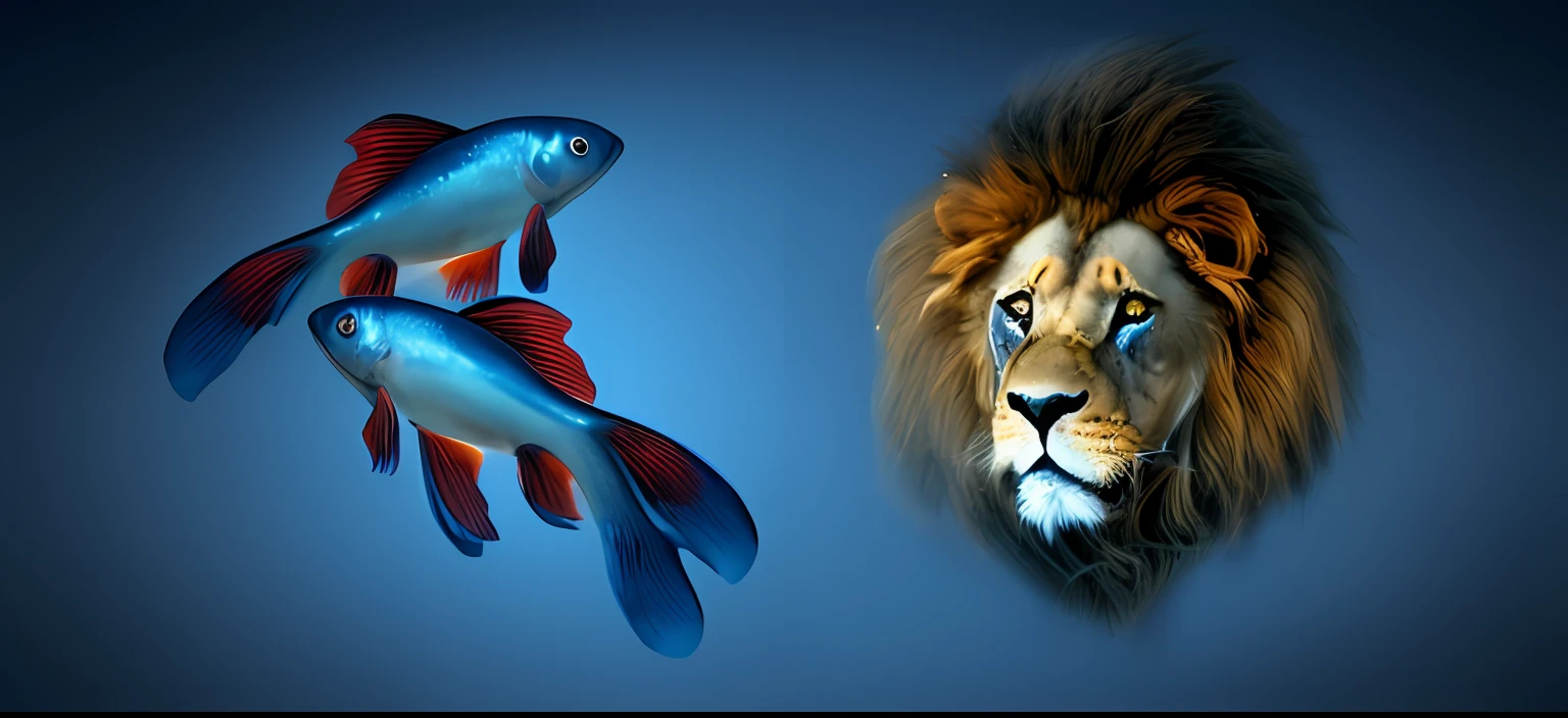 there are two fish and a lion in the dark, pisces, the stars are fish in the depths, king of the sea, hd wallpaper, high-quality wallpaper, digital art animal photo, with a blue background, lions, wallpaper hd, high quality wallpaper, wallpaper - 1 0 2 4, zodiac sign, beautiful wallpaper, roaring blue lion. majestic