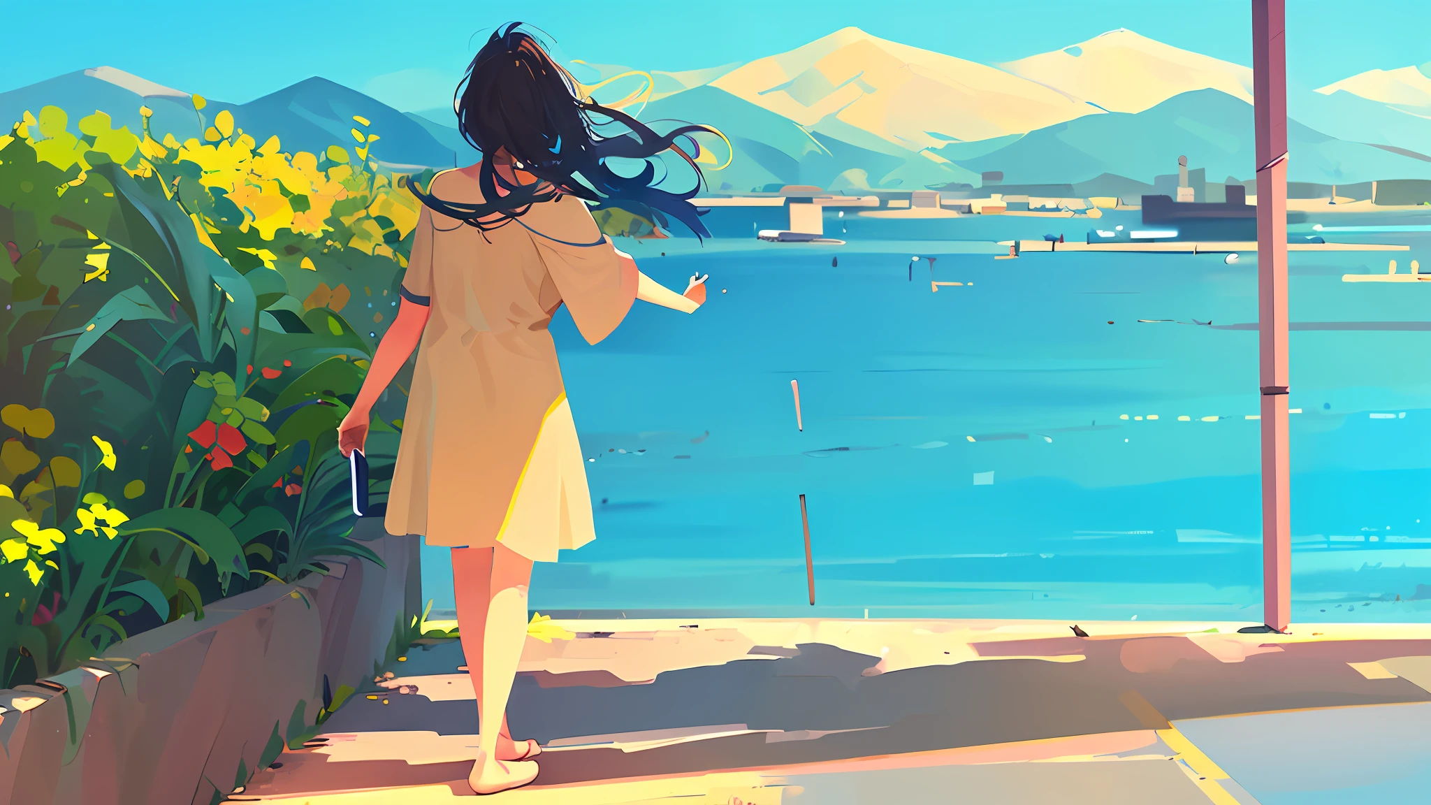 (((1girl, Alone))), Coastal scenery, Walking down the sidewalk, Sunny day, Anime scenery, Solar ray, Blue sky, Acrylic art style