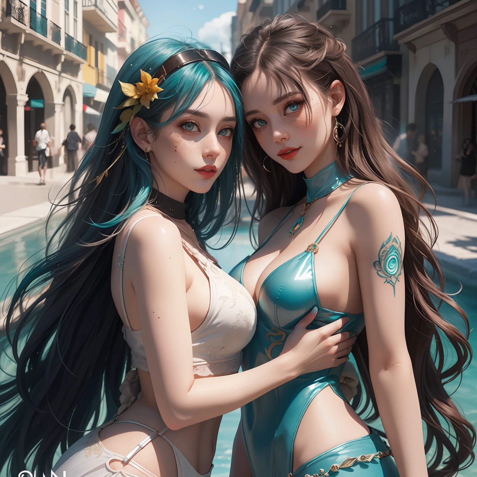 hyper-realistic and ultra-detailed photograph of a barbarian woman, ((Jade ocean:1.25)), golden jewelry, sparkles, fractal details in sunlight, (Anna Steinbauer:1. 5), depth of field, HOF, hall of fame, beautiful detailed face, apocalyptic setting, natural body pose, professional photographer, captured with Sony Alpha 7III 85mm camera, 1/400 sec, f/2, ISO 5000, trending in Artstation, 64k, ultra detailed, bokeh lighting, surrealism, Thomas Kinkade background, urban, ultra unreal engine, ((Pauline Voß)), ((Pascal Quidault)), ((Anna Helme)), Martina Fackova, intricate, epic, freckles, peach fluff, detailed mascara. A perfect detailed face with bright makeup, highly detailed symmetrical dark eyes with circular iris, octane render, intricately detailed, trending on art station, Isometric, 8k resolution, curiously full, elegant, close to perfection, dynamic, highly detailed, character sheet, concept art, soft, positioned so that their bodies are symmetrical and balanced.