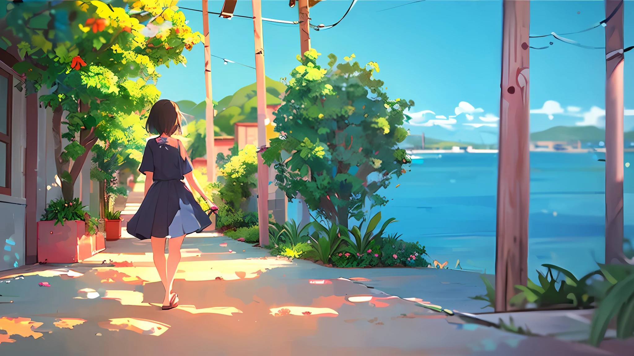 (((1girl, Alone))), Coastal scenery, Walking down the sidewalk, Sunny day, Anime scenery, Solar ray, Blue sky, Acrylic art style