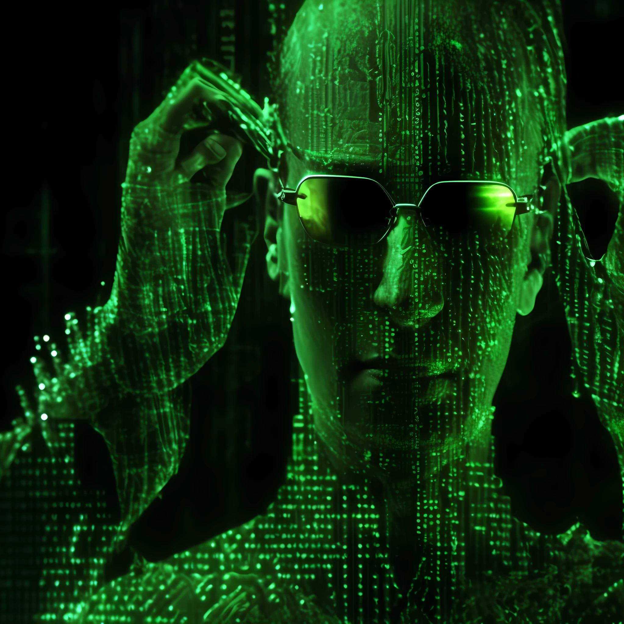 Um close up de uma pessoa usando óculos escuros e um vestido verde, Neo de Matrix, Matrix Style, Welcome to the Matrix, Matrix Film Pinterest Color, Like Matrix, Green Matrix Light, Neo de Matrix, Morpheus from the Matrix, Green Matrix Code, Wires from the Matrix Movie, In Matrix, In The New Matrix Movie, Digital Glasses, perfeitamente centrada --auto