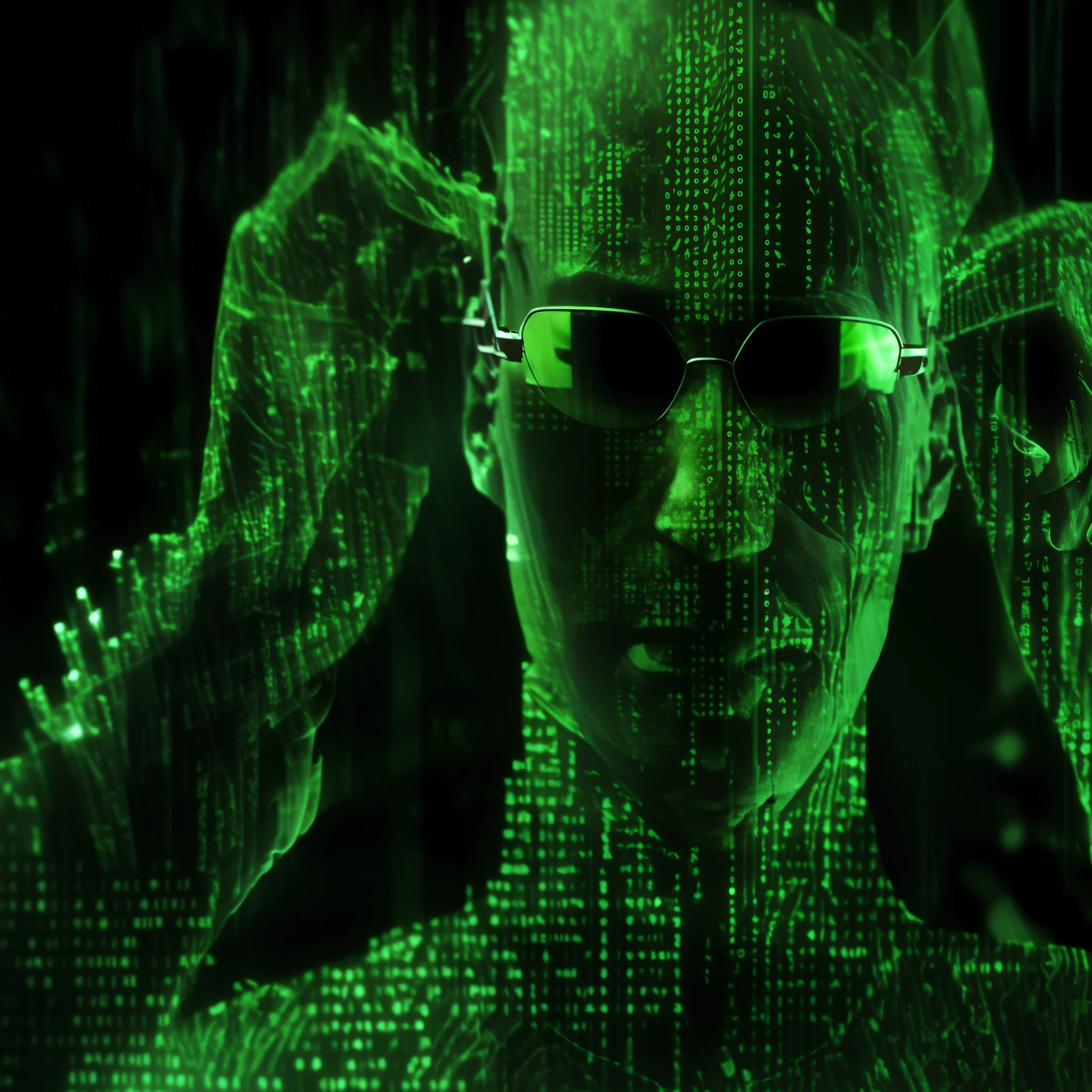 Um close up de uma pessoa usando óculos escuros e um vestido verde, Neo de Matrix, Matrix Style, Welcome to the Matrix, Matrix Film Pinterest Color, Like Matrix, Green Matrix Light, Neo de Matrix, Morpheus from the Matrix, Green Matrix Code, Wires from the Matrix Movie, In Matrix, In The New Matrix Movie, Digital Glasses, perfeitamente centrada --auto