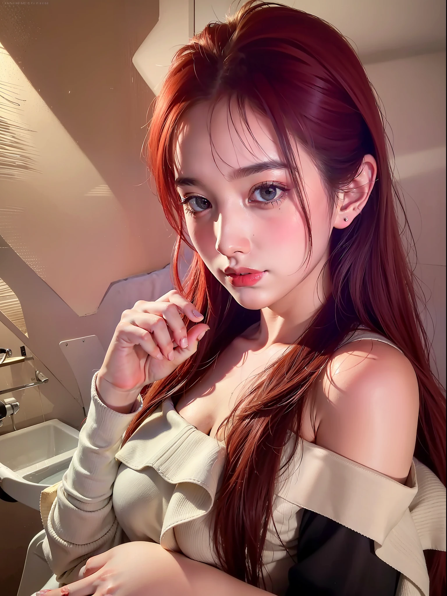 Best quality, masterpiece, ultra high res, (photorealistic:1.4), raw photo, 1girl, offshoulder, in the dark, deep shadow, low key, cold light