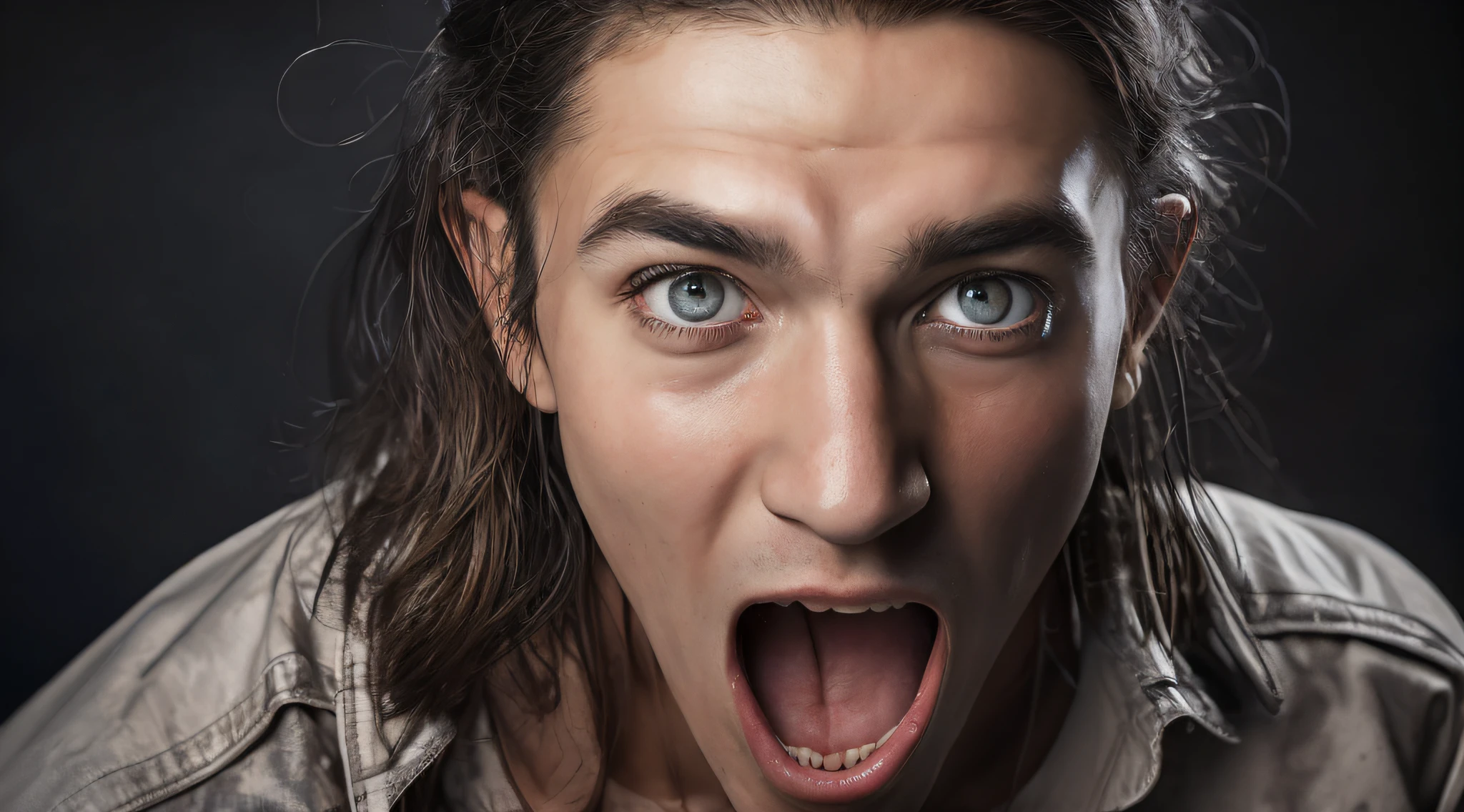 A man, young, 17 years old brunette, screaming, old clothes, with piercing eyes, detailed face, high details, photography, dark studio, rim light, Nikon D850, 50mm, f/1.4 --auto