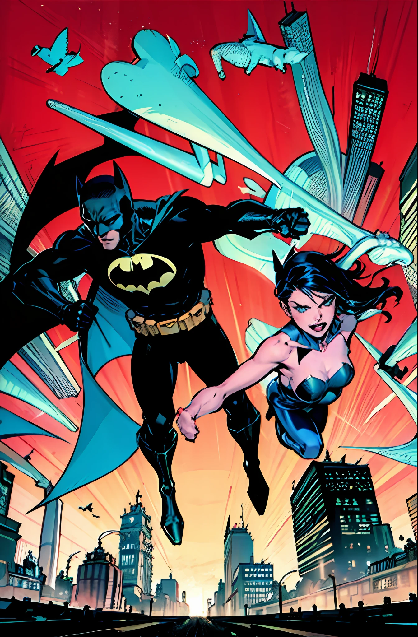 batman and robin wayne in the city with a red background, in batman comic book, batman, in batman comics, by Brian Thomas, darwyn cooke, by Paul Bird, neal adams | centered, batman beyond, by James Bateman, by Roy Dalgarno, by John Keane, bats, by Craig Thompson, gotham, by Pat Adams, by Bob Singer