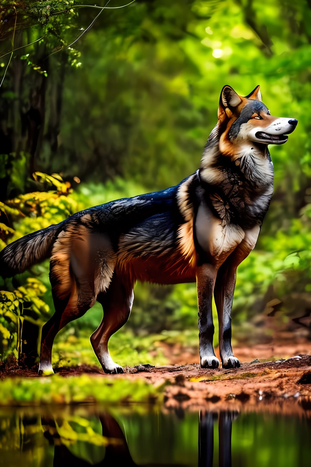 A fantastic image depicting a powerful and imposing red black wolf, its huge red eyes glowing in the dimly lit surroundings. The woman, dressed in an elegant black tailored suit, is standing in a lush forest, with a deep blue sky and a shallow pond nearby. A small, pointed sword, resembling a katana, is seen suspended in the background. A flock of birds flutters nearby, their wings raised in triumph. wide aperture, slow shutter speed, high contrast