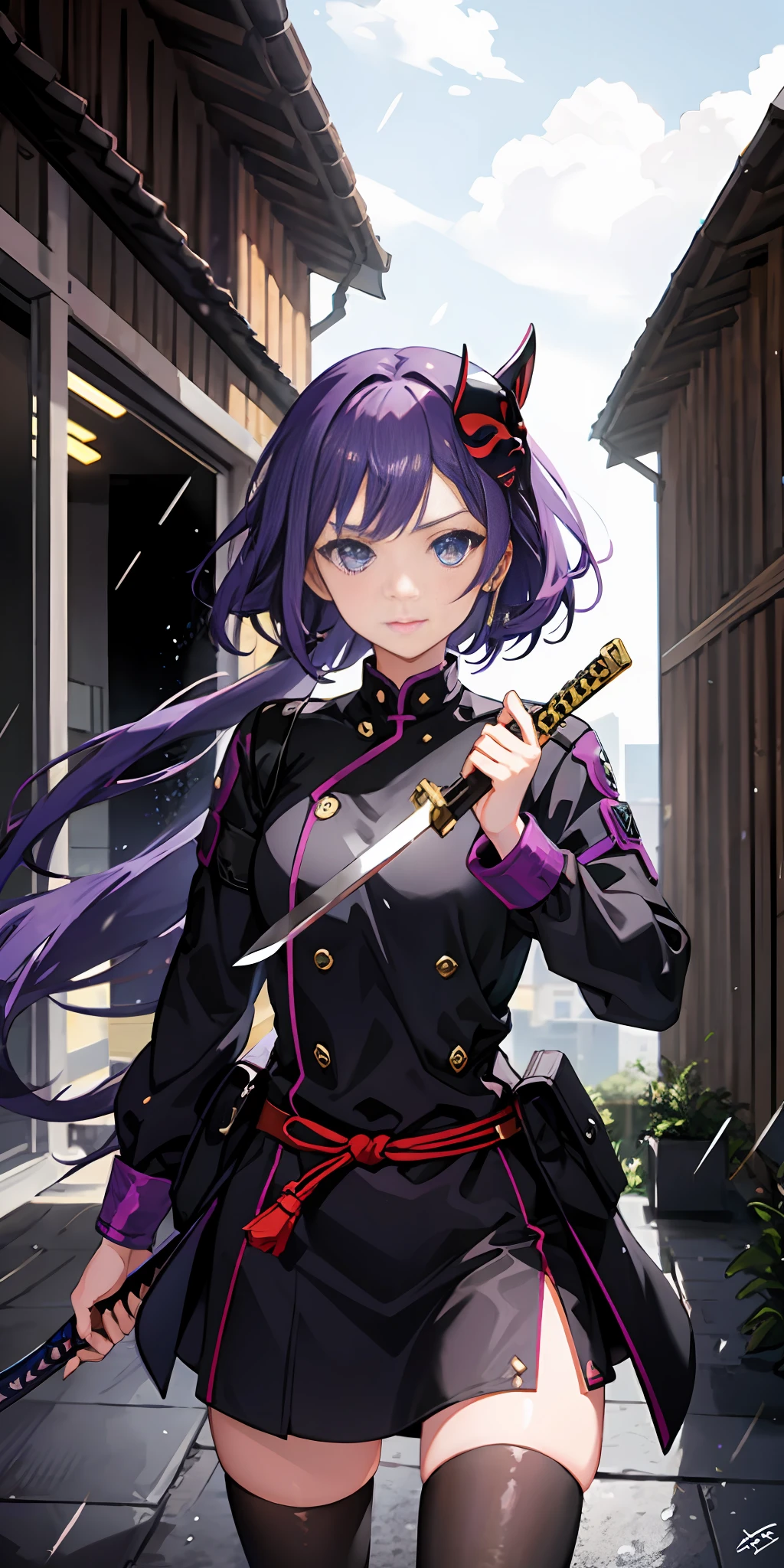1girl, purple hair, blue eyes, mask on head, Short sword, kunoichi, raining, rooftop