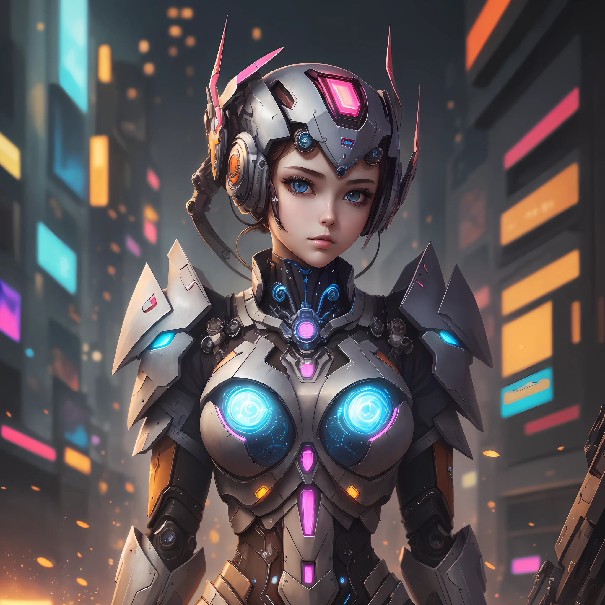(Masterpiece, Top Quality, Best Quality, Official Art, Beauty and Aesthetic: 1.2), (1 Girl), Mecha, Future, Technology, Light, Cyberpunk City, Entanglement, Upper Body, Extremely Detailed, (Fractal Art: 1.3), colorful and most detailed --auto --s2