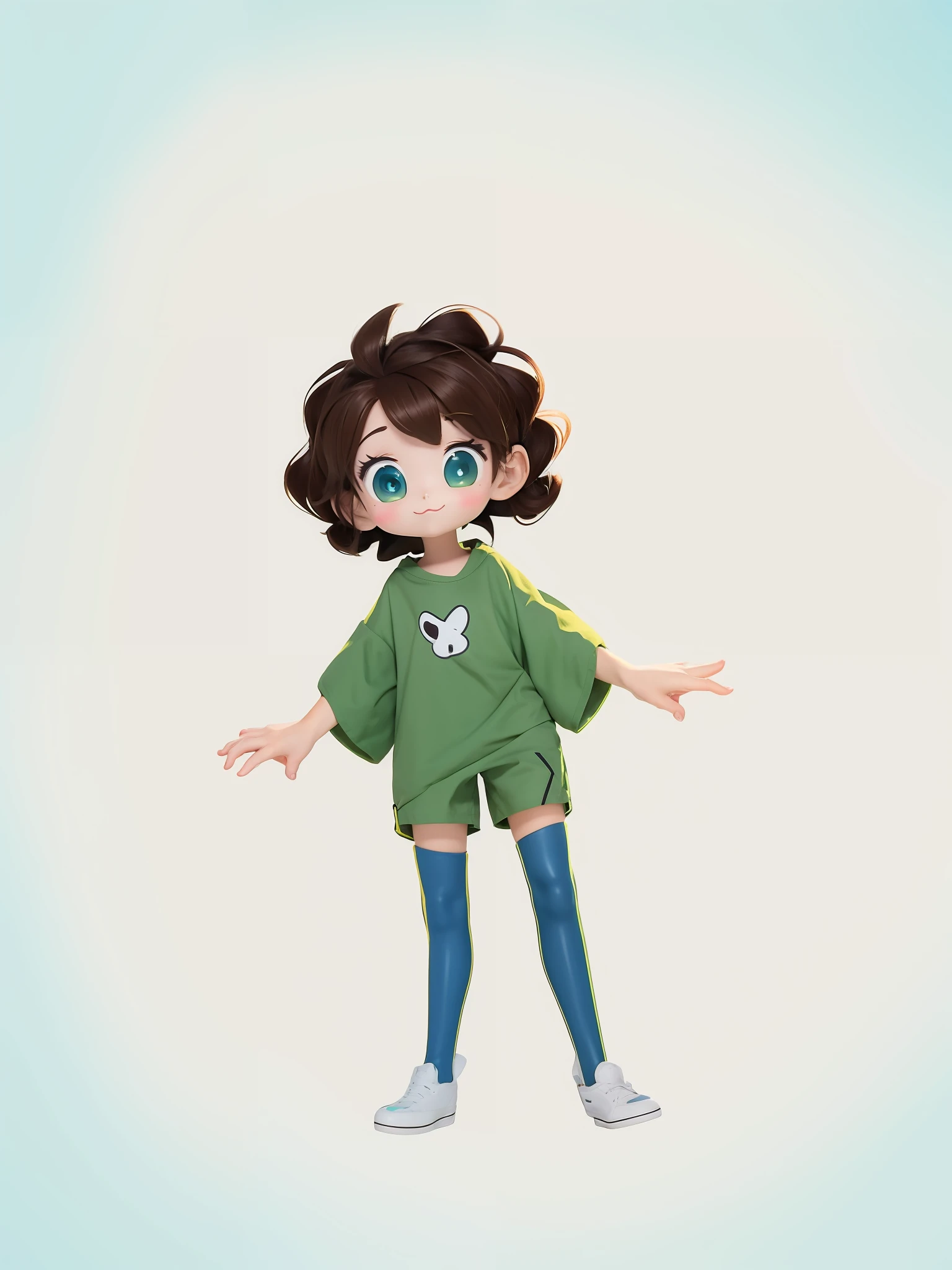 anime girl with brown hair and green shirt and blue shoes, full body portrait of a short!, single character full body, full body character, cute character, full body single character, entire character!, stylized anime, female protagonist 👀 :8, he has short curly brown hair, chihiro! fujisaki, new character, full body!, official character art, kneeing