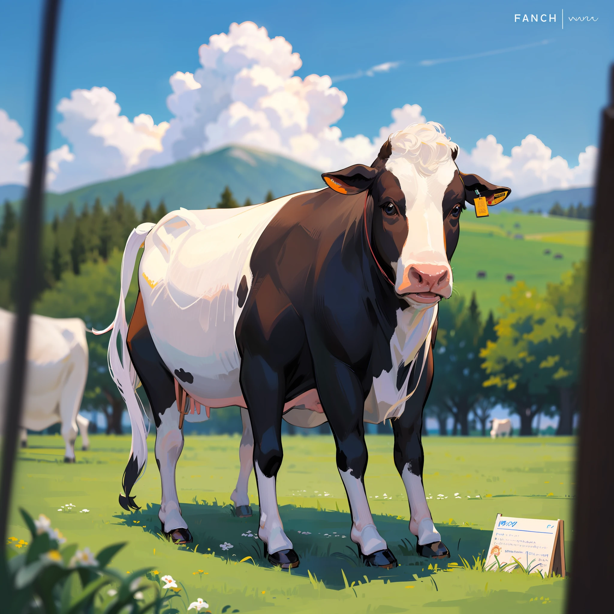 sky, soaring vegetables, dairy cows, (((main photo of a large dairy cow on the ranch)), ((one cow of a cow))), cute, big, cow, (cow dairy cow)