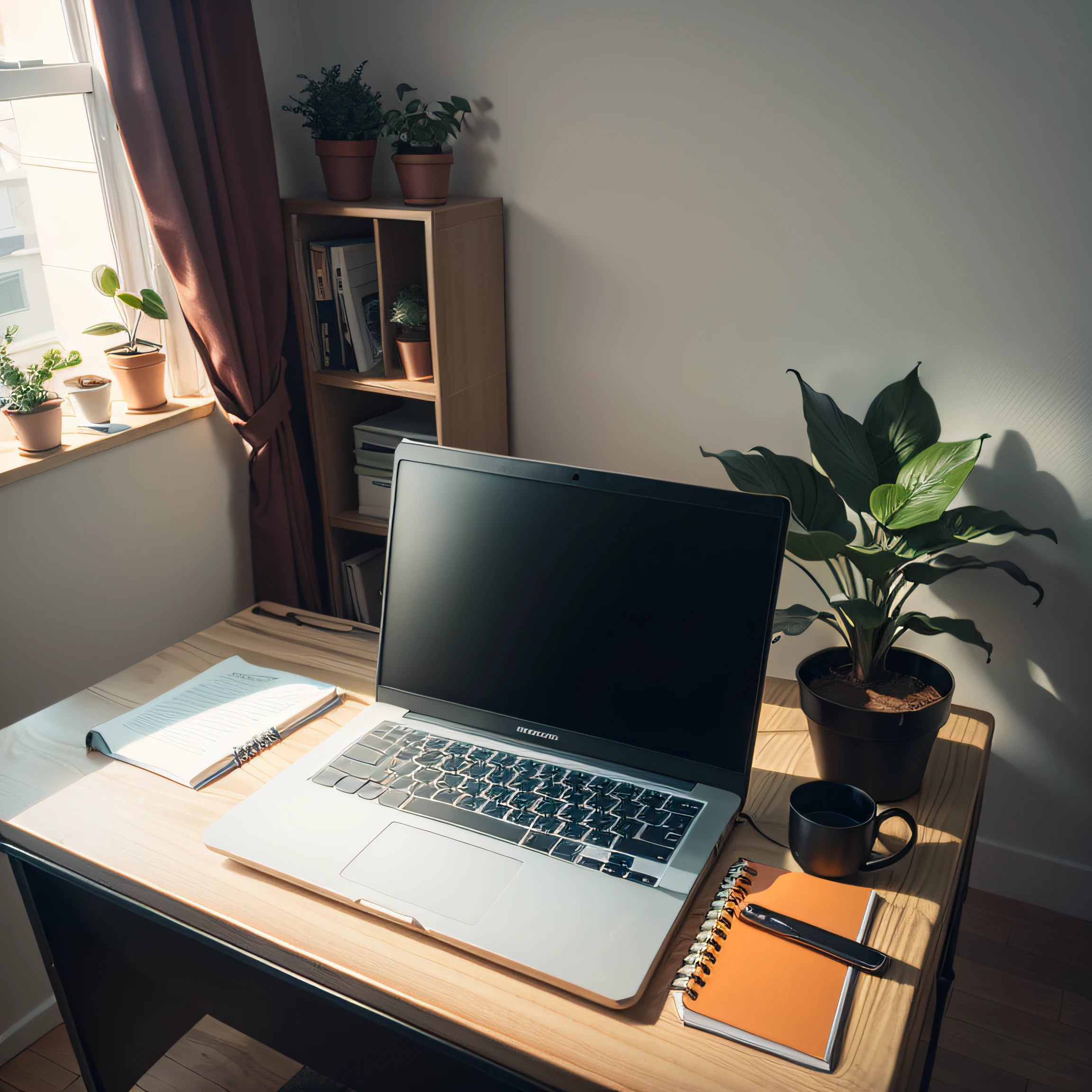 Create a very realistic image of a desk with computer and notebook in orange color, with background plants --auto