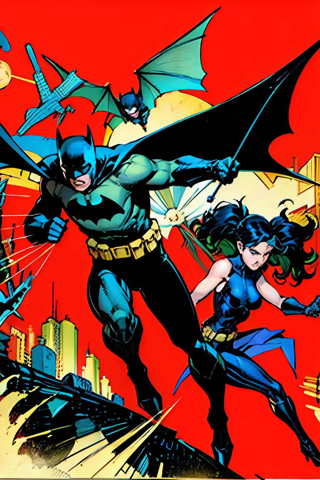 batman and robin wayne in the city with a red background, in batman comic book, batman, in batman comics, by Brian Thomas, darwyn cooke, by Paul Bird, neal adams | centered, batman beyond, by James Bateman, by Roy Dalgarno, by John Keane, bats, by Craig Thompson, gotham, by Pat Adams, by Bob Singer
