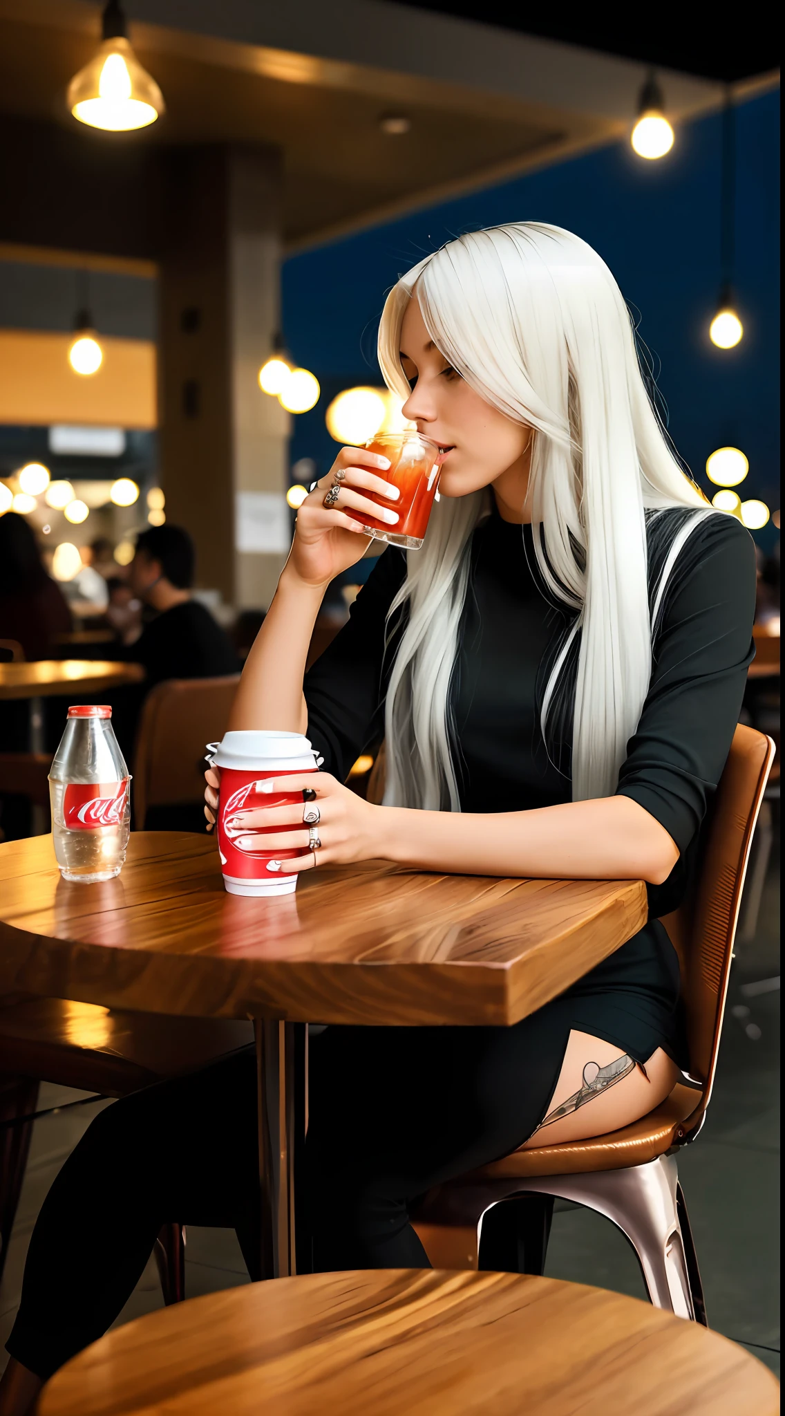 1 woman, young woman, solo, woman with long white hair, sitting at a cafeteria table, sipping coke on straw, looking to the side, at night, --auto