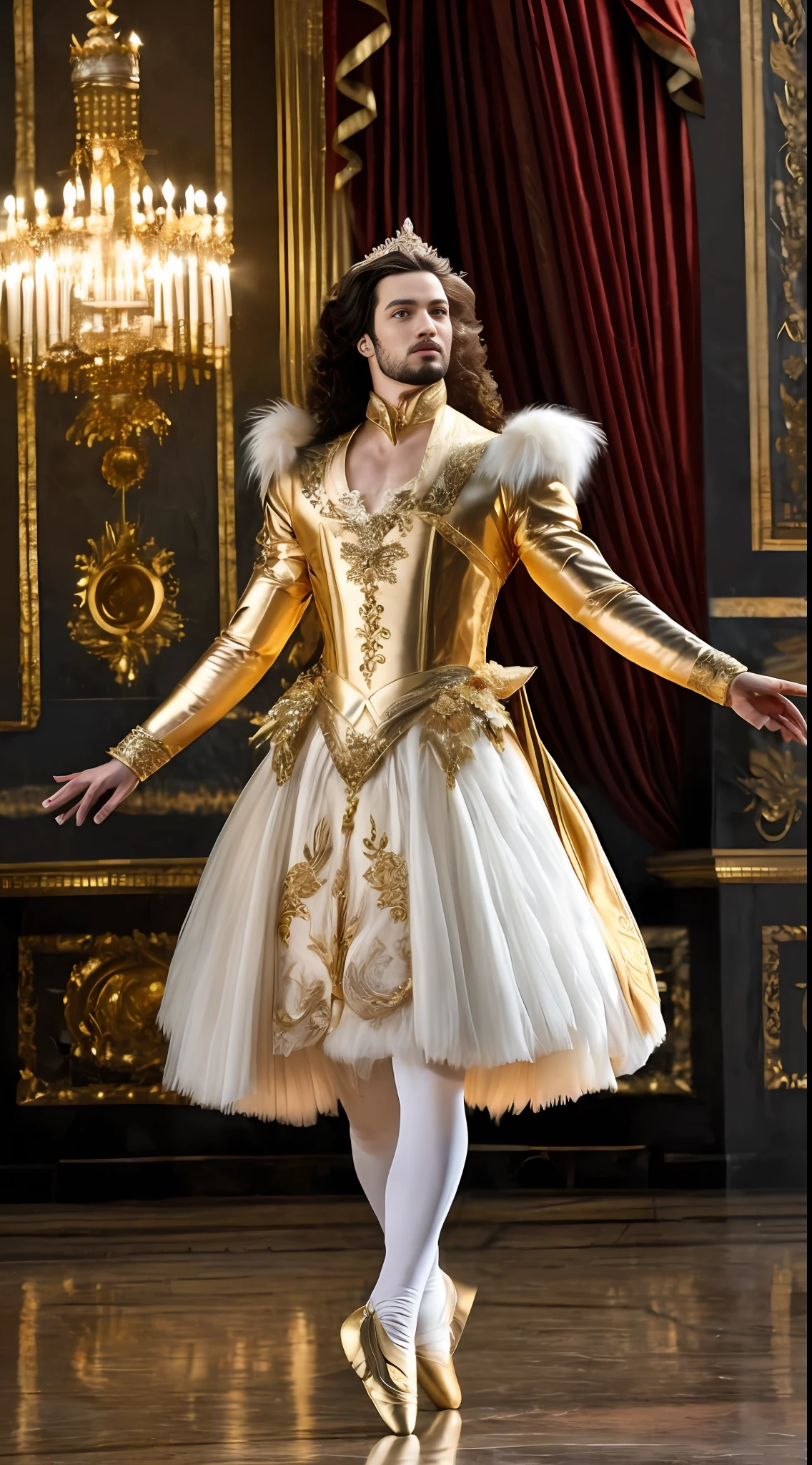 (best quality, ultra high res, CGI, official art:1.2), King Louis XIV, the Sun King, (opulent ballet costume:1.2), golden brocade, billowing lace, showcasing his ballet mastery, executing precise ballet moves on a 16th-century ballet stage, richly adorned with velvet curtains, gilded woodwork, and intricate Baroque details, (HDR-enhanced lighting:1.3), illuminating the scene, emphasizing the textures and colors, realistic style, dynamic angle, looking up at the king, capturing his commanding presence and artistry.