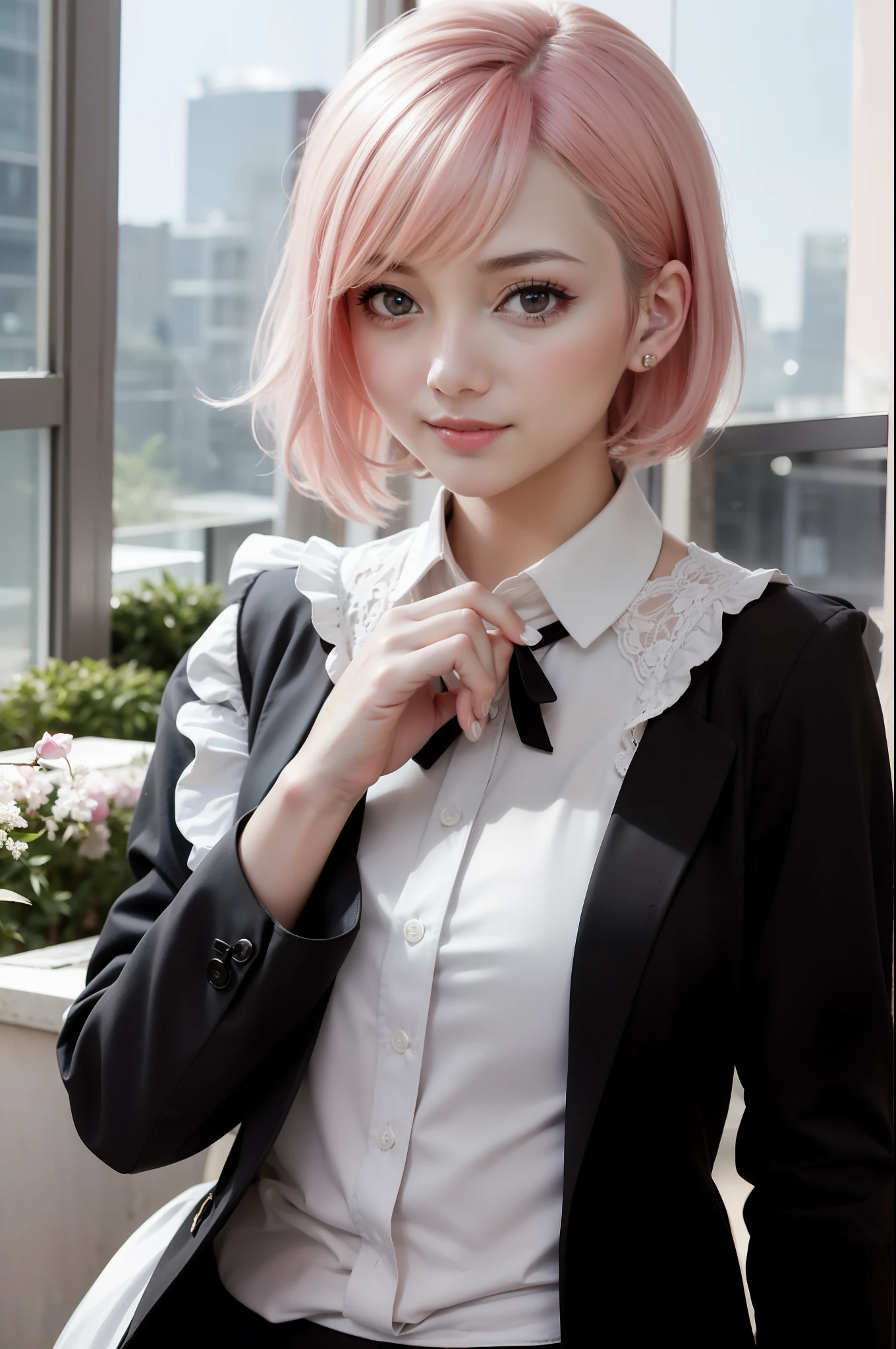 (64K、UHD、
 Top Quality, Masterpiece: 1.2), (Realistic, Photorealistic: 1.37), Super Detailed, 1 Girl, Cute, Solo, Beautiful Detailed Sky, Detailed Cafe, Date, (Smile: 1.15), (Smile: 1.15), Super Big, Beautiful Detailed Eyes, (Shirt with Collar: 1.1), Wet, Business Clothes, Rain, White Lace, (Short Hair: 1.2), Floating Hair Novafrog Style、、、、 topless