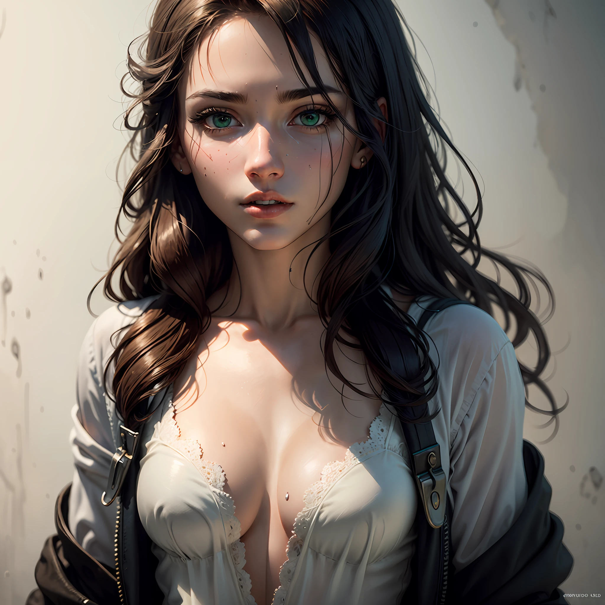 ((best quality)), ((masterpiece)), ((realistic)), full body, green eyes, female face, face covered in white slime, long hair,sharp focus, studio photo, intricate detail, very detailed, detailed eye, illustration, very detailed, sharp focus, digital render, professional, 4k --auto