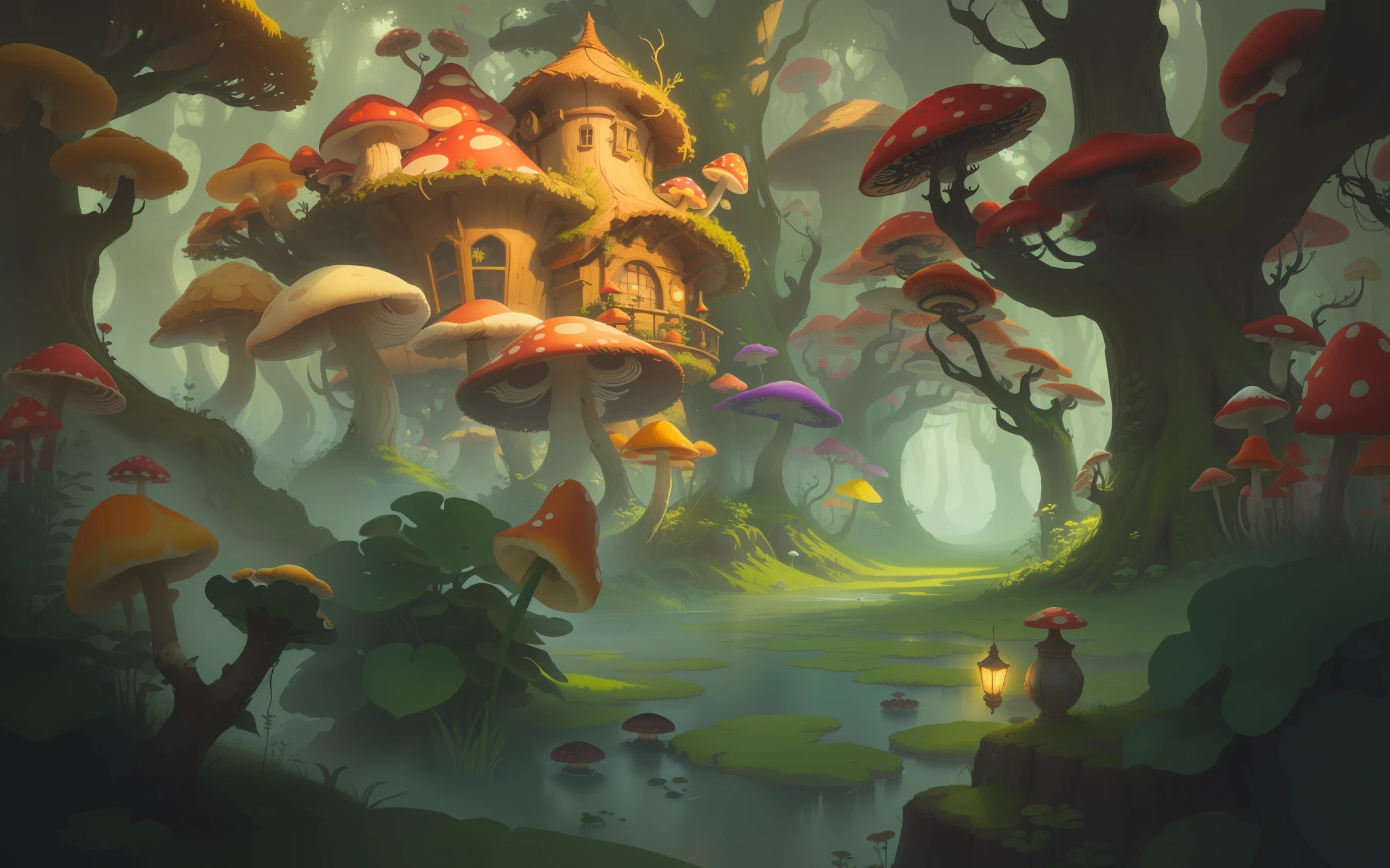 there is a cartoon picture of a fantasy forest with mushrooms, stylized concept art, colorful