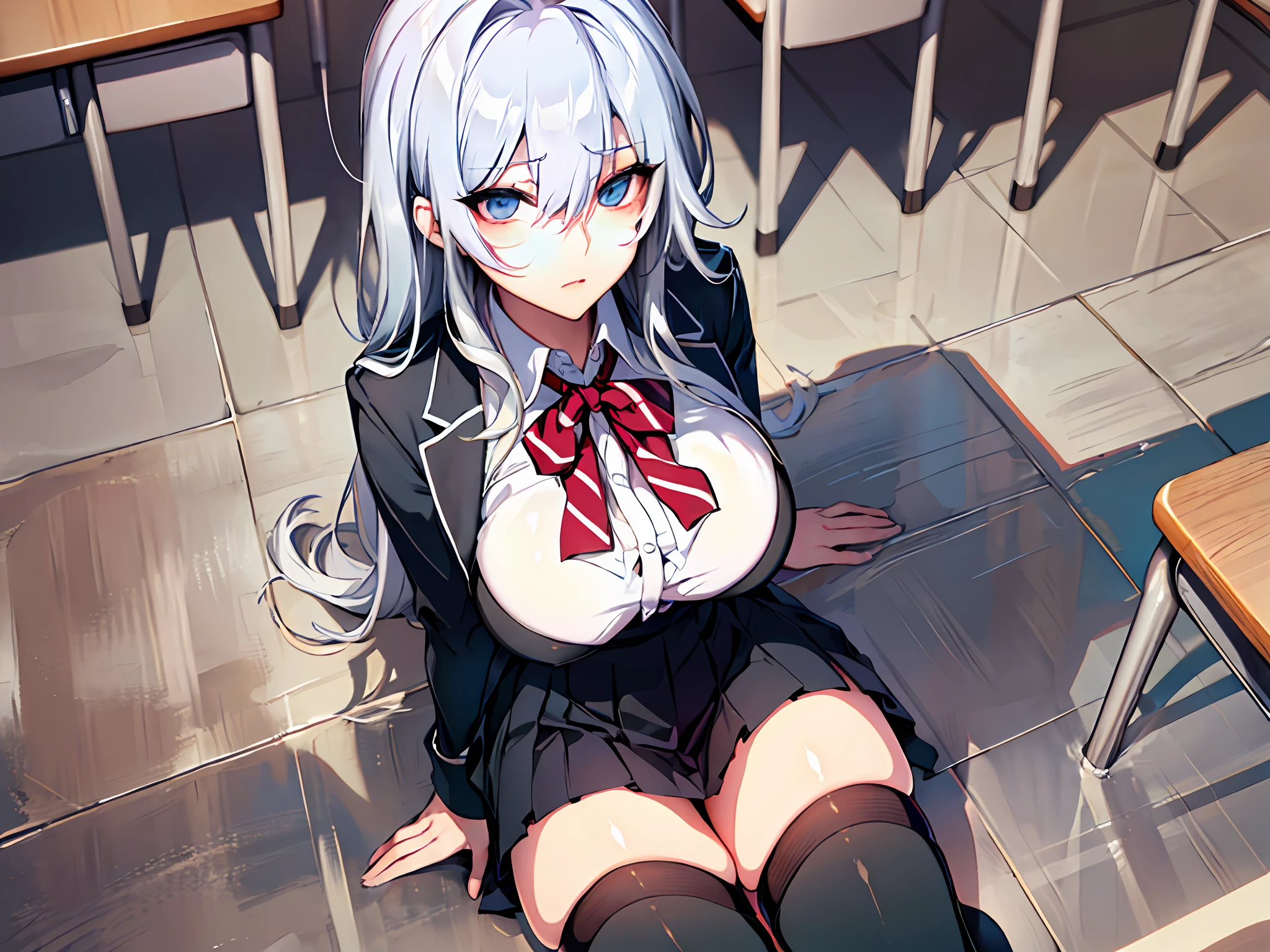 masterpiece, best quality, high_resolution, fine detail, very detailed and beautiful, distinct_image, 1个女孩, Solo,Silver hair, (huge breasts), (),From above,(miniskirt),(thighhigh),((school uniform))),classroom,
