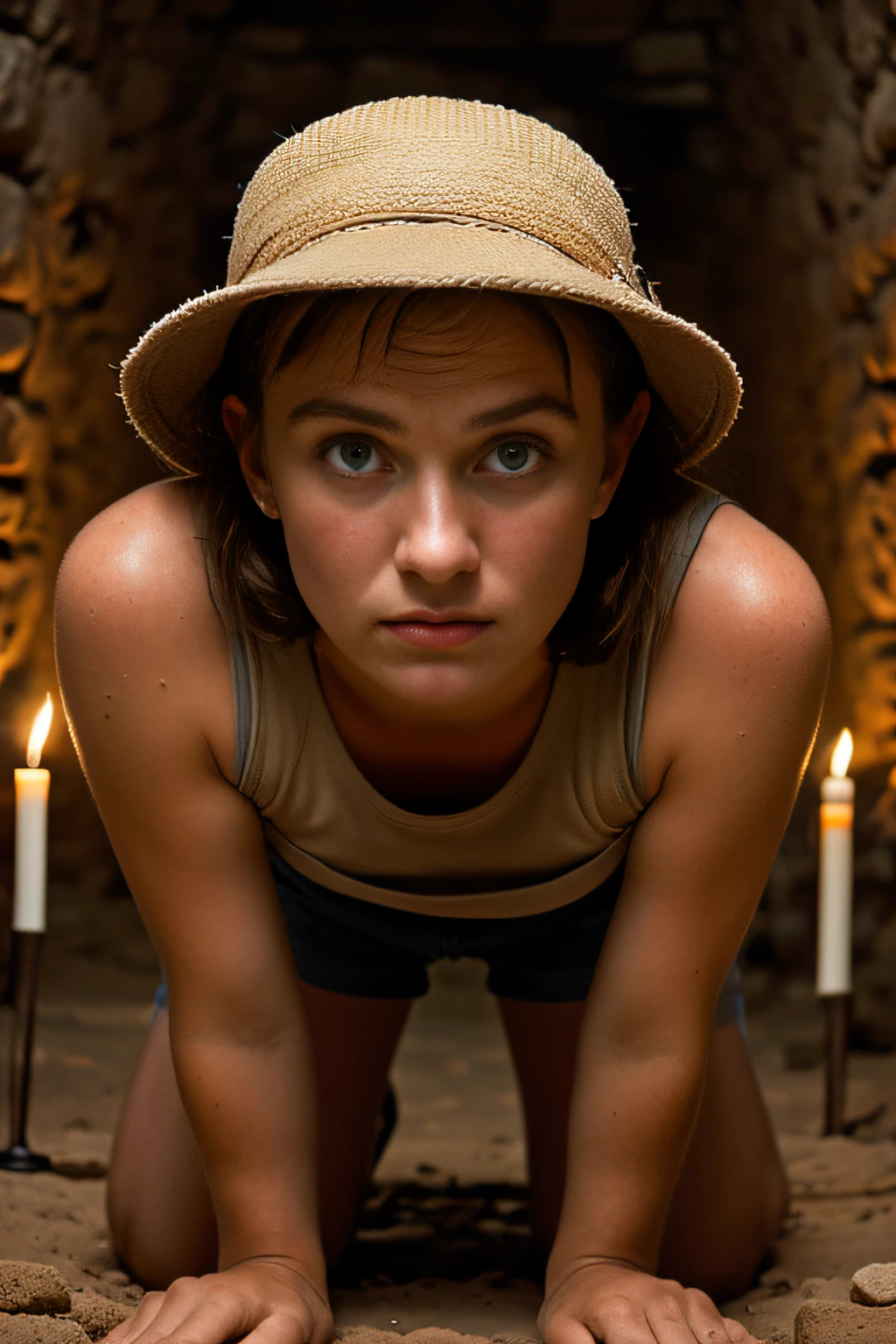 "((hyperrealistic, photorealistic, 8k, intricate details)), ((front low angle image)), 1 a beautiful archaeologist with blue eyes and brown hair, full breasts, thick thighs, silky skin, sweaty face, sweaty (damp) body, wearing a beige safari hat, a beige short-sleeved shirt and jean shorts, with an apprehensive feature on her face((well-detailed face)) is crouched walking through a mysterious and dark chamber of an ancient pyramid,  lit only by small candles on the floor, in the corners."