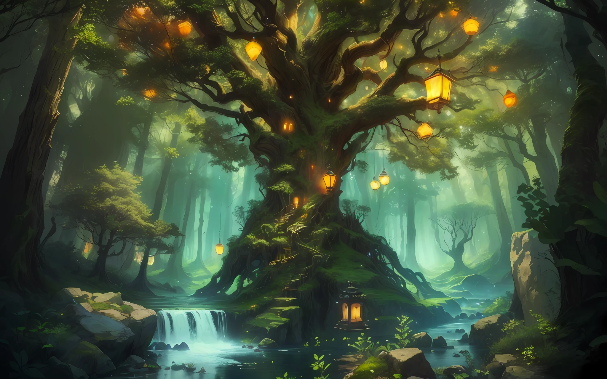 Fairy tale forest hangs many light trees, big magic trees, fantasy trees,