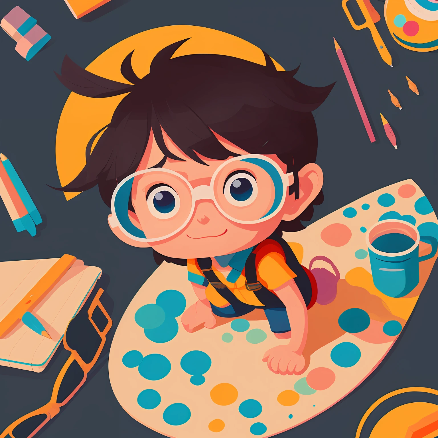 Cartoon boy with glasses sitting in a color palette surrounded by school supplies, 2d illustration, 2d illustration, 2d gouache illustration, procreate illustration, painting illustration, children's art in artstation, 2d digital illustration, lovely digital painting, 2d digital illustration, hero 2 d fanart artsation, illustration painting, character painting, cute illustration, digital illustration -
