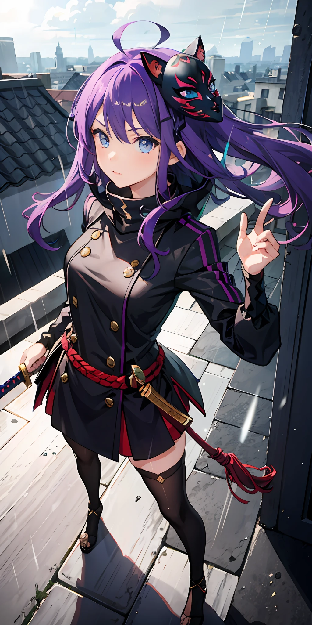 1girl, purple hair, blue eyes, mask on head, Short sword, kunoichi, raining, rooftop