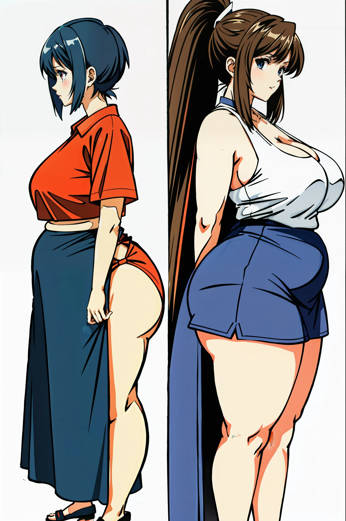 Full length portrait photo, beautiful evangelion girl, very fat in bikini, wide hips, wide waist, plump anime girl, big belly, big breasts, breasts, thick legs, thick btazos , beautiful face, bbw girl profile, white background.