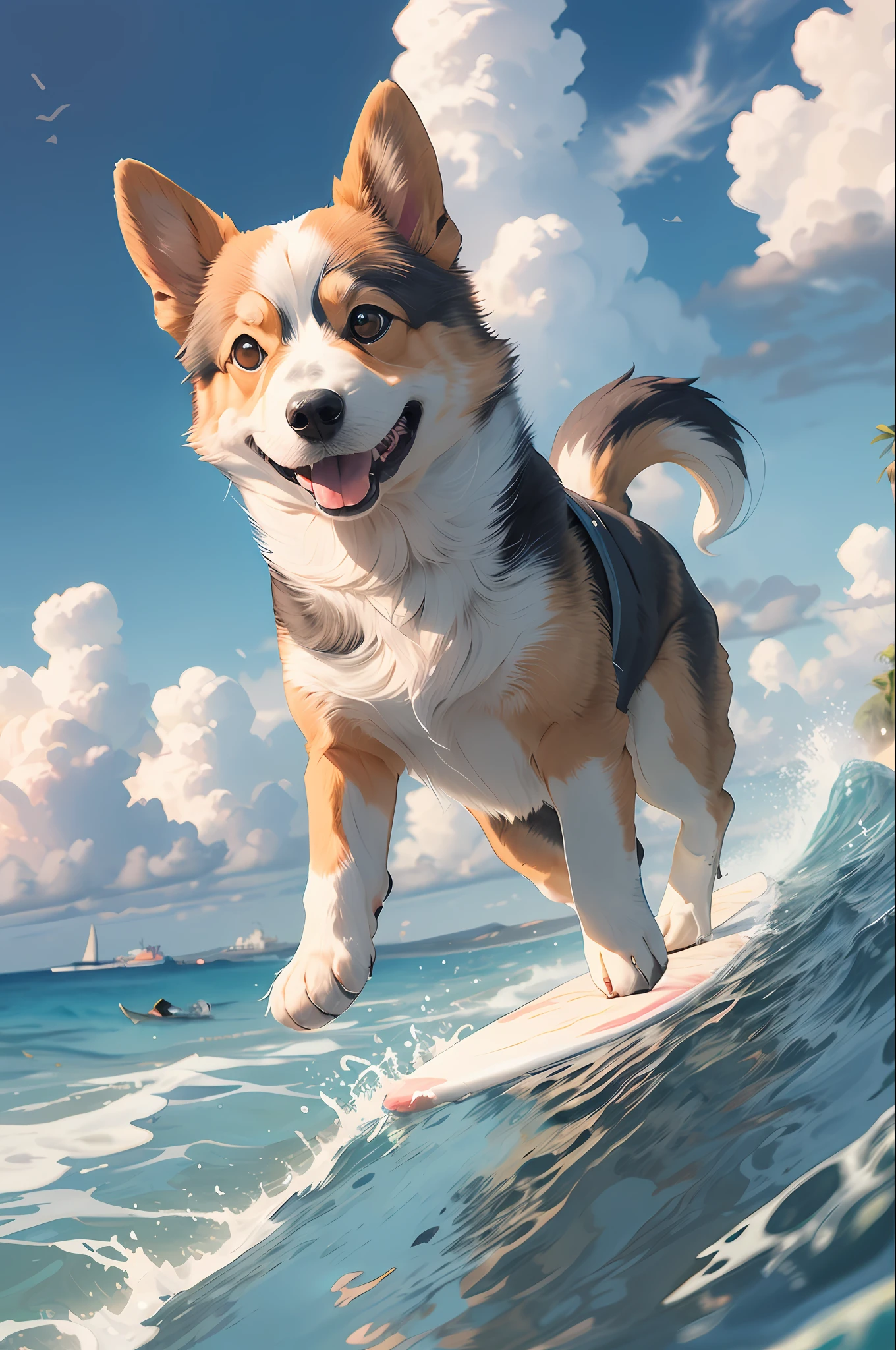 , (Masterpiece: 1.2), Best Quality, PIXIV, (Corgi on Surfboard, Blue, Pink), Surf, Waves, Summer, Beach, Coconut Trees