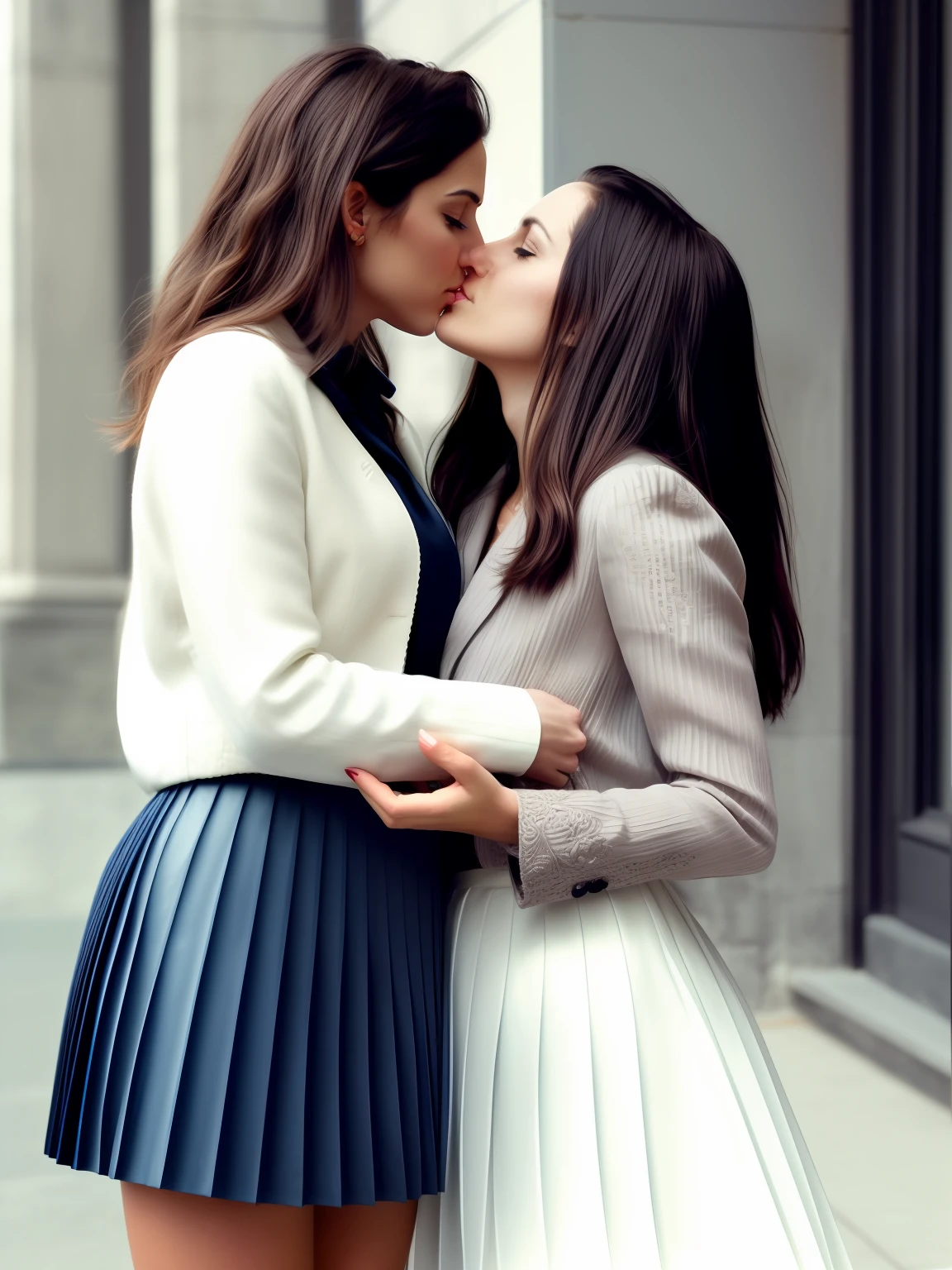 desperate women intensely kissing women, authentic (kind and tender) good woman wearing a short blazer with a very very detailed (long (fully pleated) full circle skirt) and (simple) low heeled office shoes, very very intricate hyper-detailed symmetric (attractive graceful young feminine face) with (sad, tired eyes and a shy smile), full of empathy and compassion and love, (pronounced (feminine) features), (highly detailed ultra accurate realistic) hands and fingers, (windy conditions and wind blowing), epic composition, highly detailed attributes, highly detailed atmosphere, (35mm f1.4 Kodak portra 400 photograph), extremely high quality RAW photograph, detailed background, intricate, Exquisite details and textures,