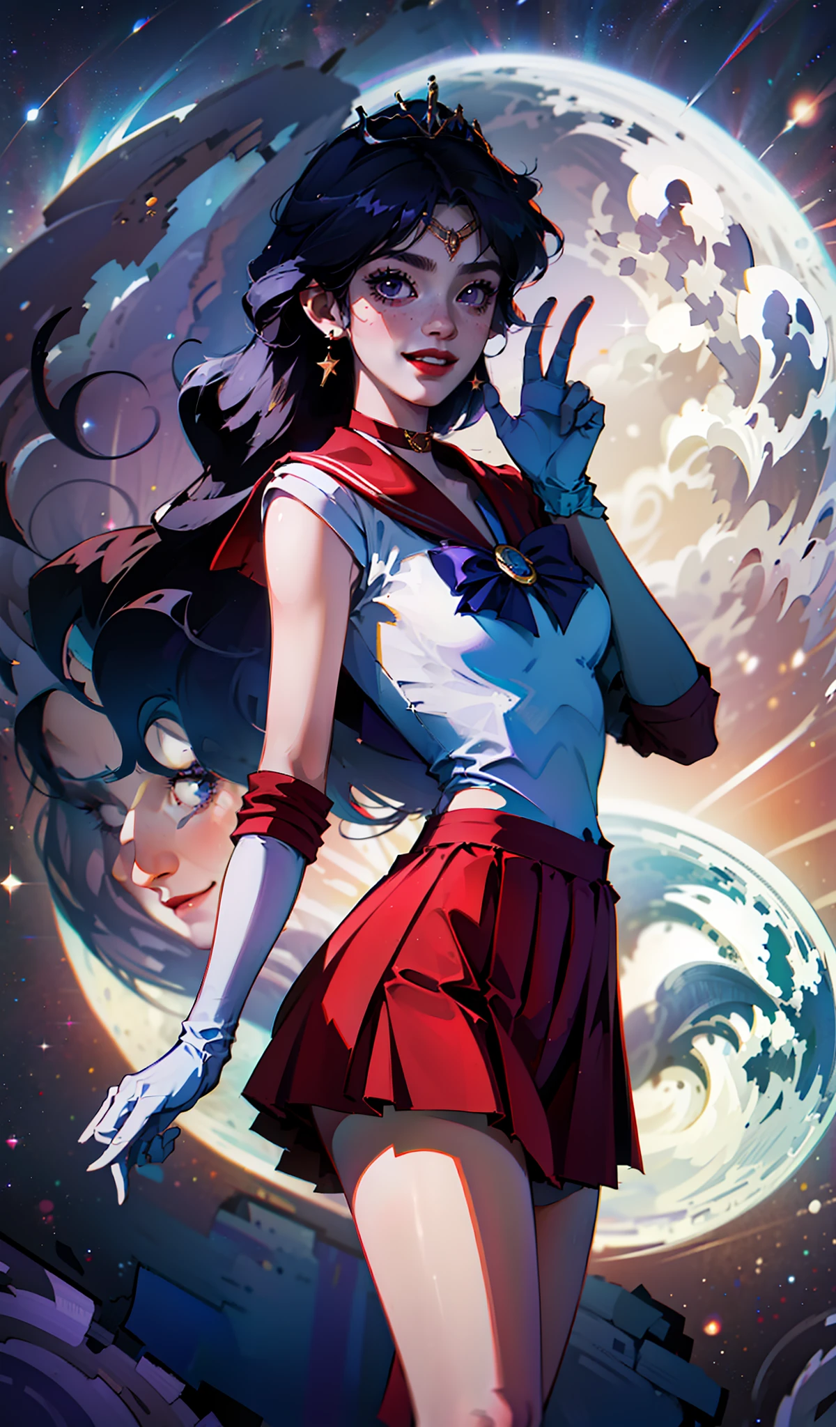 masterpiece, best quality, highres, sama1, tiara, sailor senshi uniform, white gloves, red sailor collar, red skirt, star choker, elbow gloves, pleated skirt, bare legs, purple bow, standing, space, moon, cowboy shot, 1990s \(style\), smile