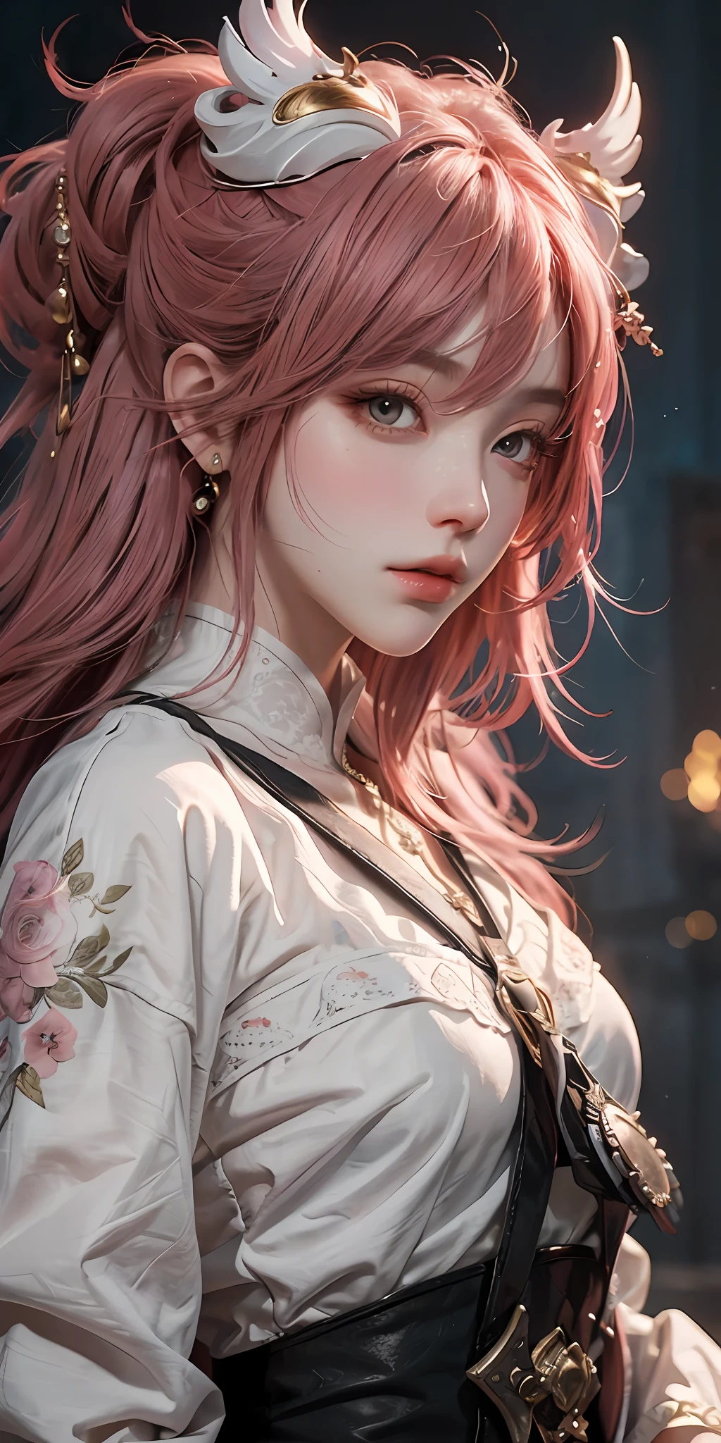 Close-up of a gradient pink-haired woman wearing a white mask, artwork in period costume, seductive redhead, Yang J, epic exquisite character art, stunning character art,