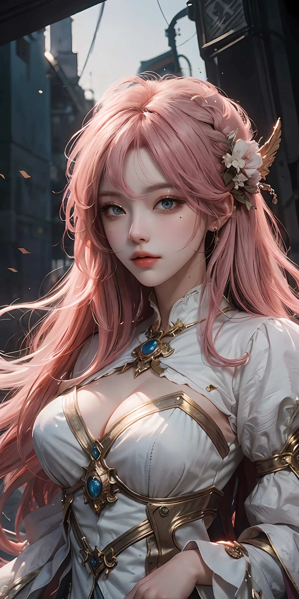 Close-up of a gradient pink-haired woman wearing a white mask, artwork in period costume, seductive redhead, Yang J, epic exquisite character art, stunning character art,