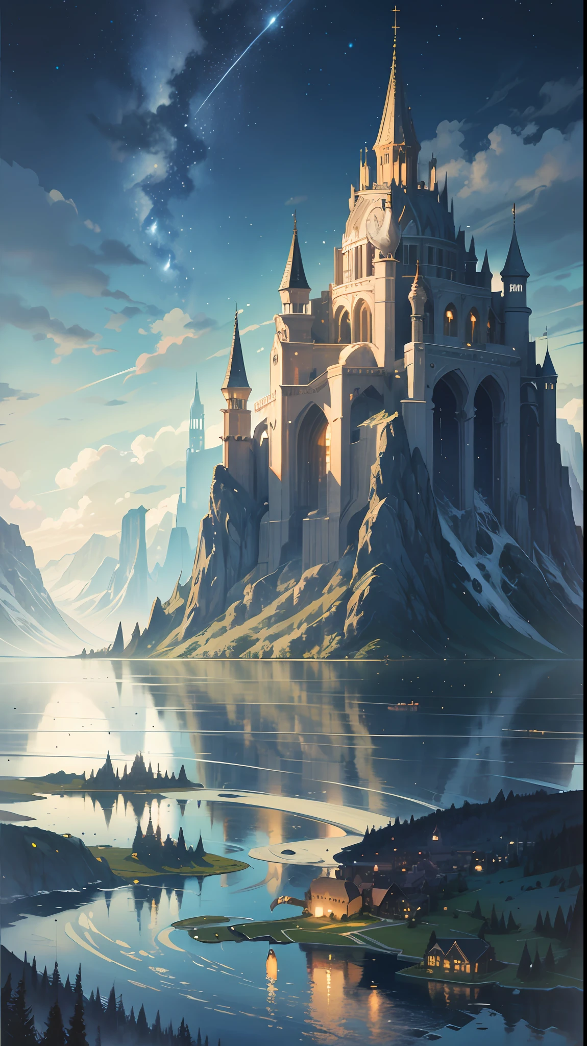 knight, magic, behind, gigantic castle floating, sky gradient, twilight, orb, scenery, fantasy, mythology --auto
