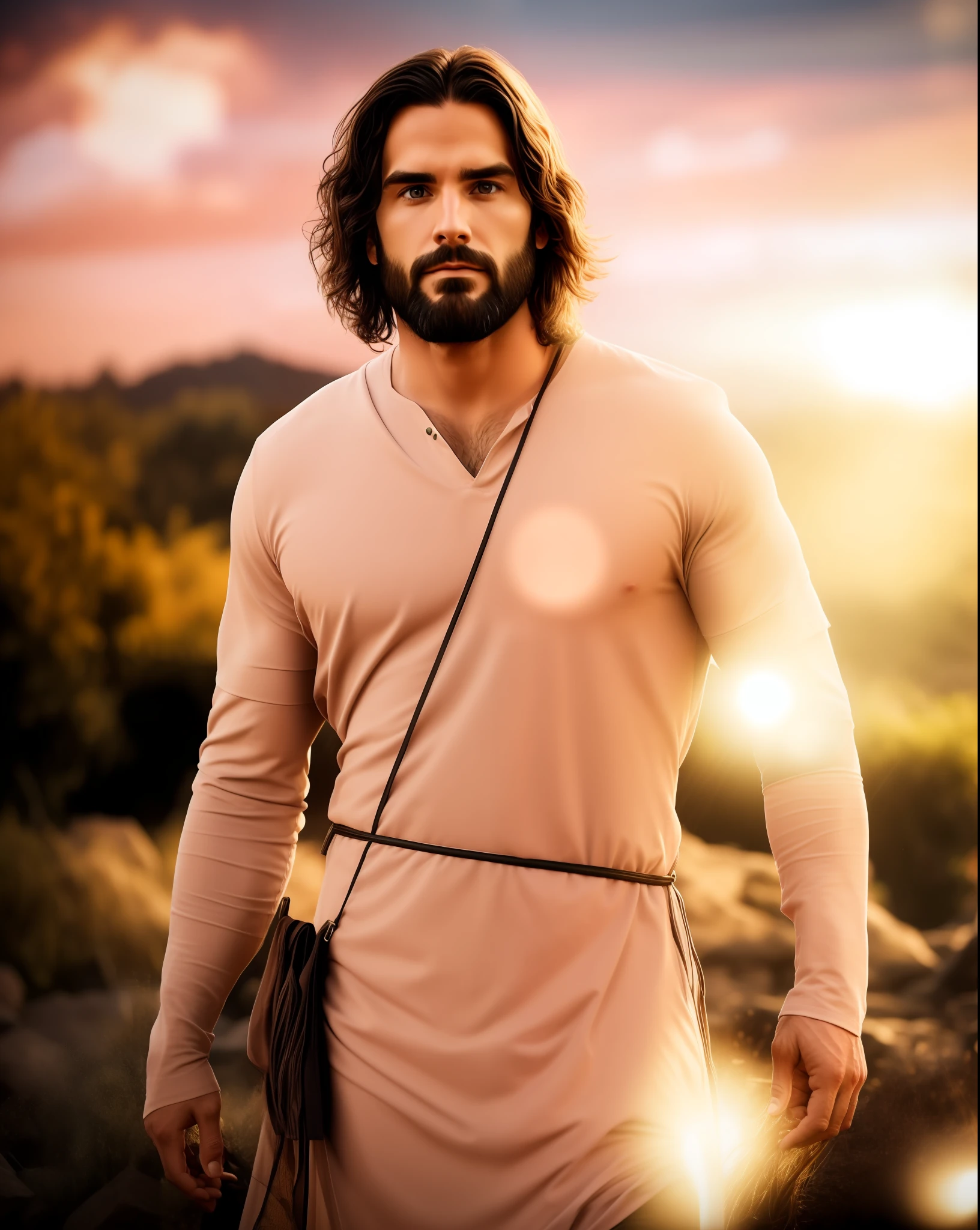 Seth Rollins as Jesus Christ, long hair, similar to seth rollins, wearing tunic, realistic image, best quality, 8k, focus on details.