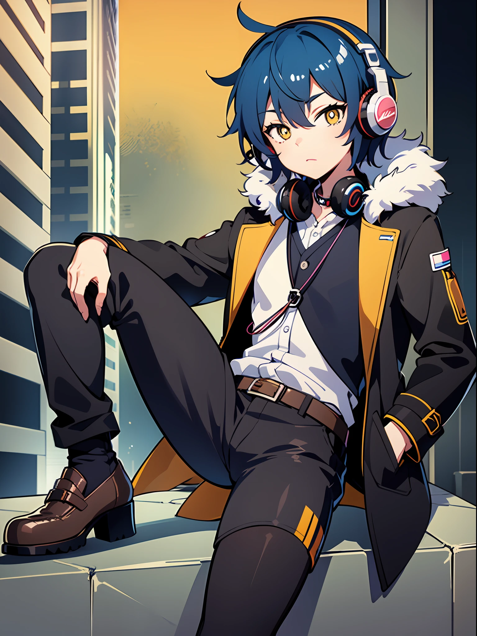 Two-dimensional cartoon boy Shota Shota, suit, leg ring, coat, blue hair, brown-yellow pupils, headphones hanging around his neck, dull fur, belt