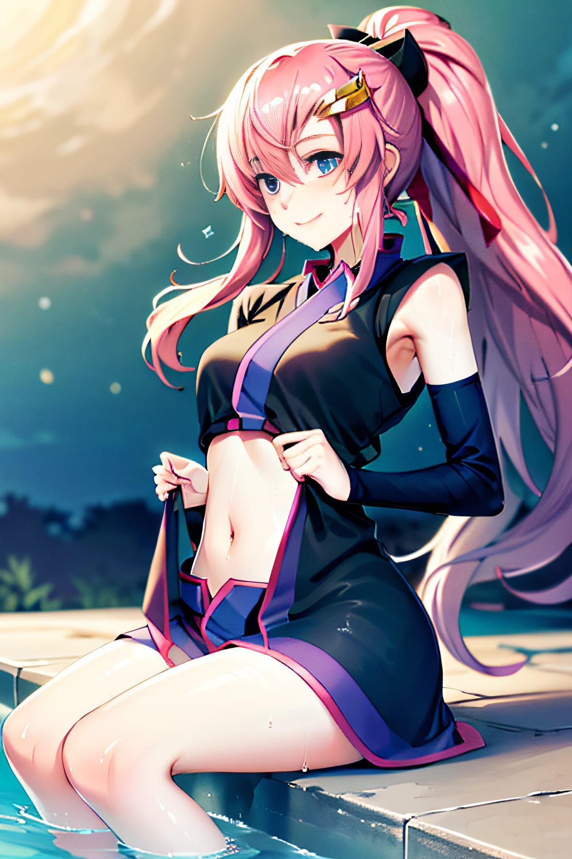 Masterpiece, Best Quality, Hi-Res, Lux 3, 1 Girl, Solo, Lux 3, Pink hair, Short kimono, Blue eyes, Hair ornament, Very Long Hair, Black Sleeves, Sleeveless, Japanese Clothing, Black Kimono, Hair Bow, Ponytail, Floating Hair, Hair Between Eyes, Big, Sitting, Seating, Smile, Armpits, Sitting (Shirt Lift 1.2), Navel, Bra, (Wet skin, Sweating profuse)), Open Chest