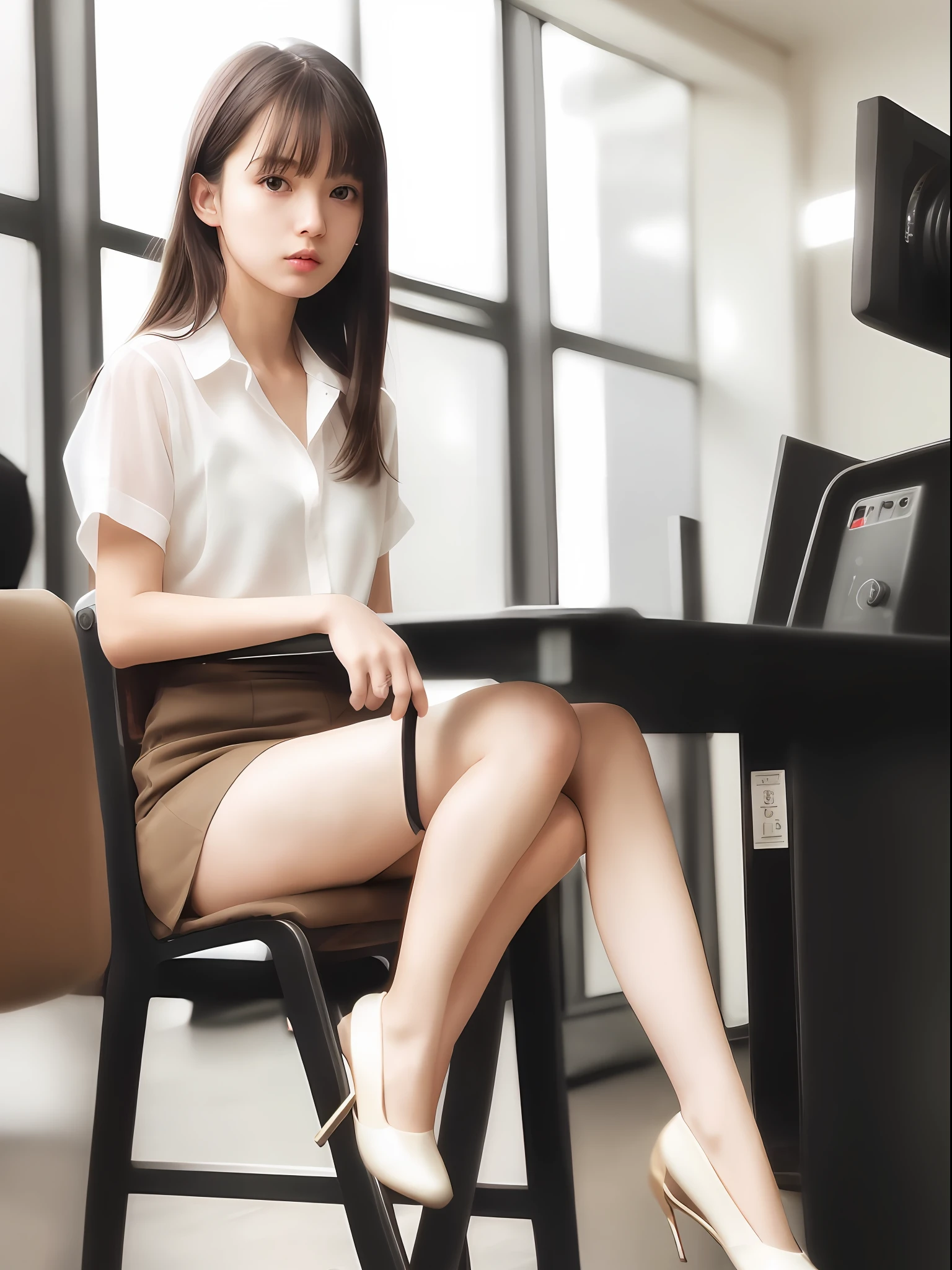 (8K, RAW Photography, Best Quality, Masterpiece: 1.2), (Realistic, Photorealistic: 1.37), Best Quality, Ultra High Resolution, Photon Mapping, Radiosity, Physically Based Rendering, Blur, Foreground, Depth of Field, Blurred Background, Photo_\ (Medium), Motion Blur, Girl, (Full Body), Sitting on a Chair of the Machine, Sitting with Open Legs, long legs, slender legs, long hair, bangs, (bangs visible), hair_ornament, lips, hair clip, solo, brown_eyes, nosesoft, sheer white blouse, miniskirt, stockings, loafers,