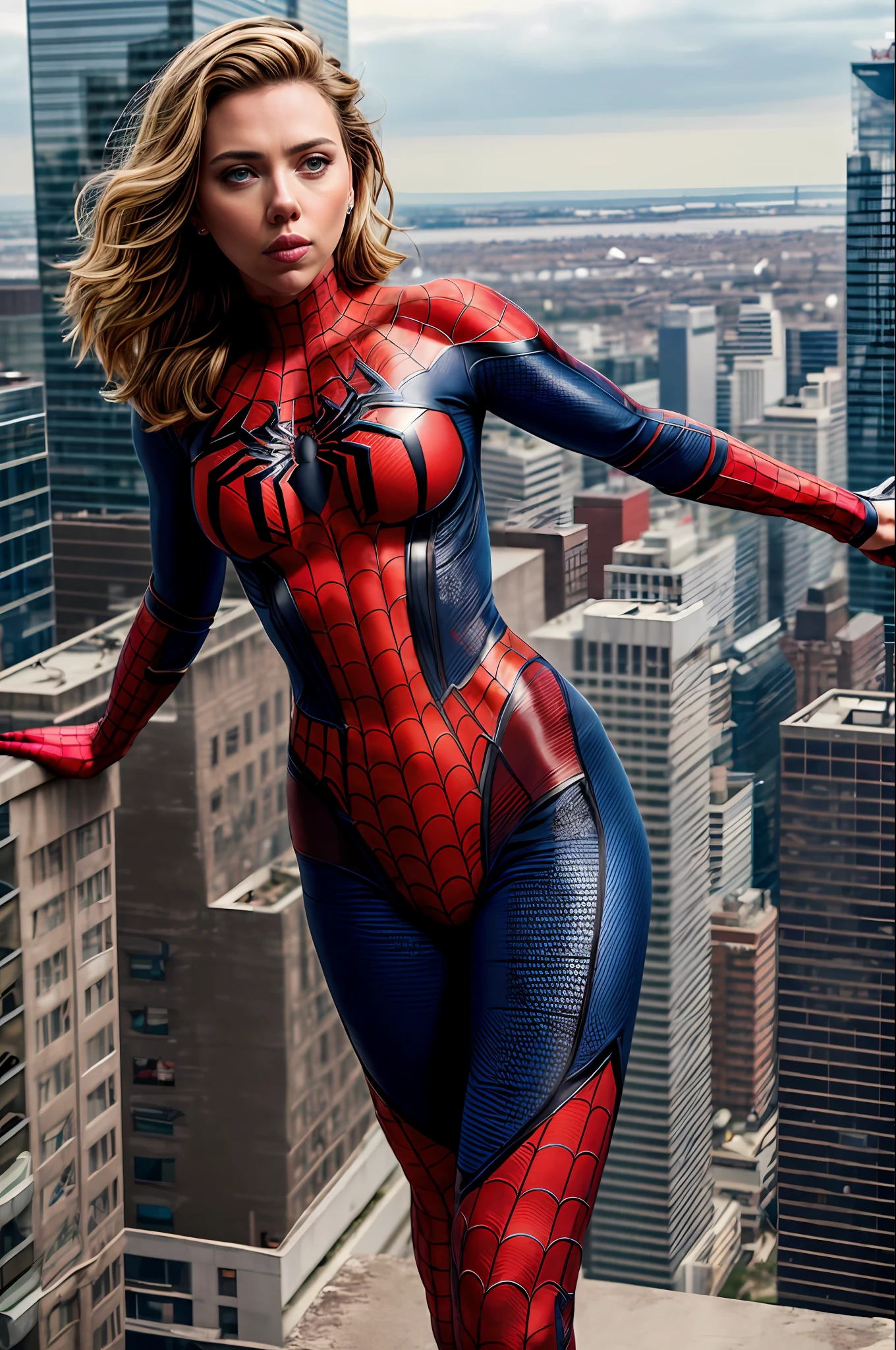 Scarlett Johansson, beauty, Spider-Man tights, full body shot, prominent figure, standing on the edge of a skyscraper, photo (Masterpiece) (Best quality) (detail) (8K) (HD) (Wallpaper) (Cinematic lighting) (Sharp Focus) (Intricate)