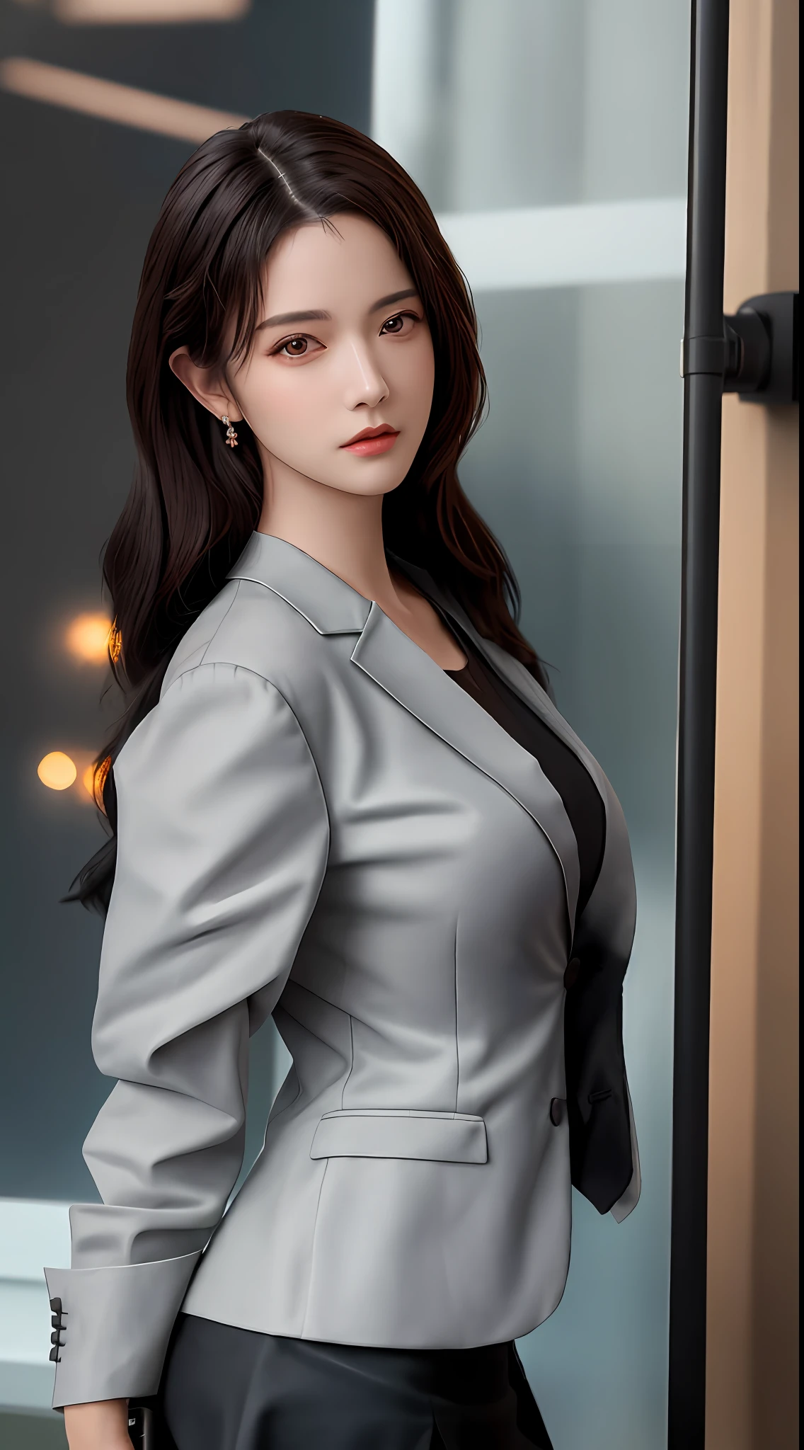 best quality, masterpiece, 1girl, Beautiful face, (photo realistic:1.3), rim lighting, (high detailed skin:1.2), 8k uhd, dslr, high quality, high resolution, 4k, 8k, Bokeh, absurdres, best ratio four finger and one thumb, (realistic:1.3), cute 1girl, wearing black formal blazer, medium breasts, short skirt,