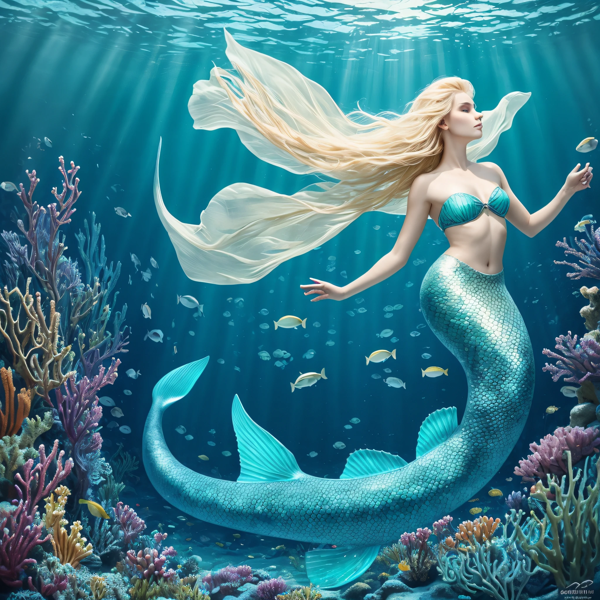 With its sparkling tail in shades of blue and green, a mermaid radiates elegance while swimming gracefully in the deep waters of the sea. Her blonde hair flows in smooth movements, complementing her ethereal beauty. Its intense blue eyes convey a mixture of mystery and serenity, capturing the enchanting essence of this mythical creature.