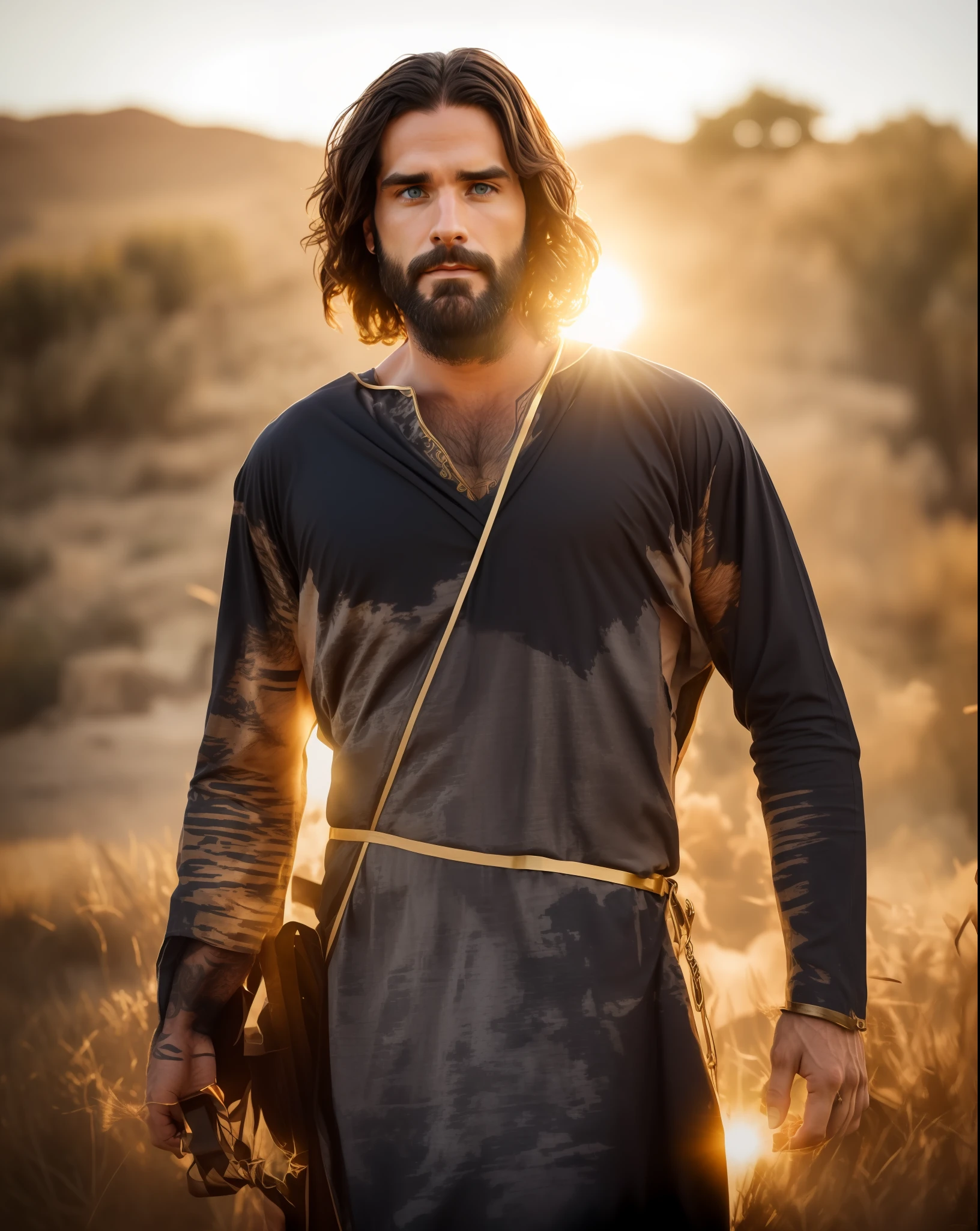Seth Rollins as Jesus Christ, long hair, similar to seth rollins, wearing tunic, realistic image, best quality, 8k, focus on details.