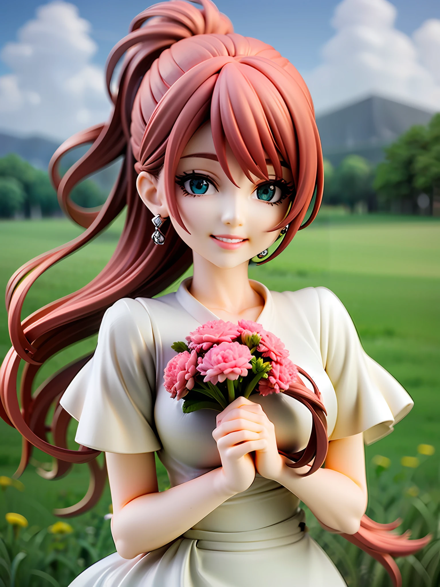 Girl, red hair, ponytail, green eyes, beautiful eyes, smile, happy, white dress, bouquet, holding with both hands, upper body, on grassland, white flour